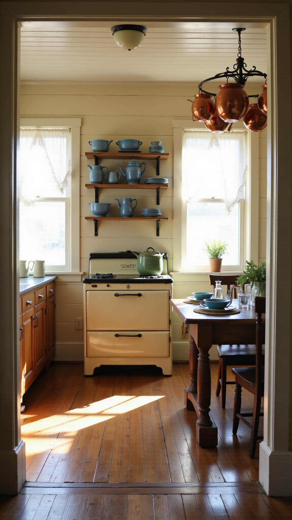 Sunlit vintage farmhouse kitchen with cream 1940s stove, jadite dishes on open shelves, copper pots hanging, and worn wood floors around a rustic farm table at golden hour.