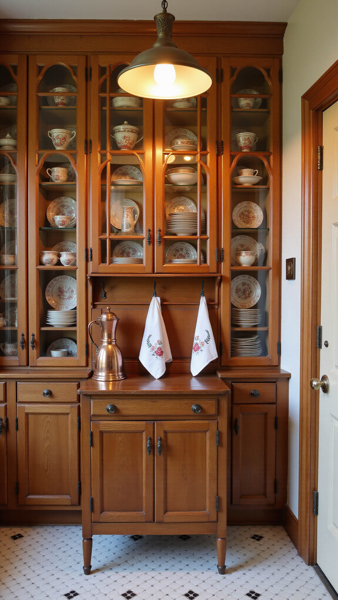 Antique kitchen with tall glass-front cabinets displaying red and cream transferware, white hex tile floor with black accents, Hoosier coffee station with copper percolator, embroidered tea towels, and warm Victorian pendant lighting at golden hour.