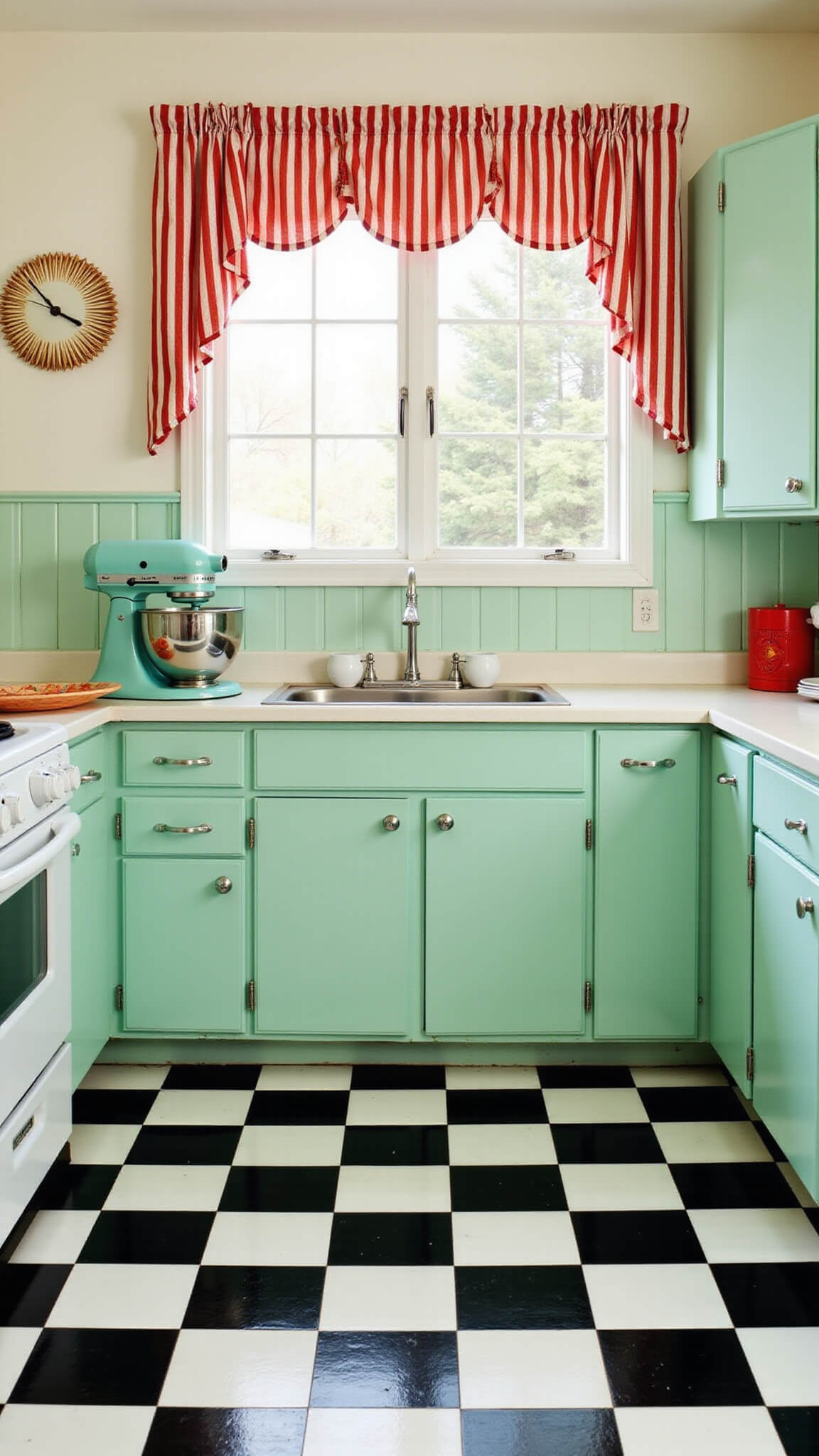 Retro 1950s kitchen with mint green metal cabinets, black-and-white checkerboard floor, vintage Mixmaster on counter, atomic starburst clock, red and white striped curtains, and bright, cheerful lighting.