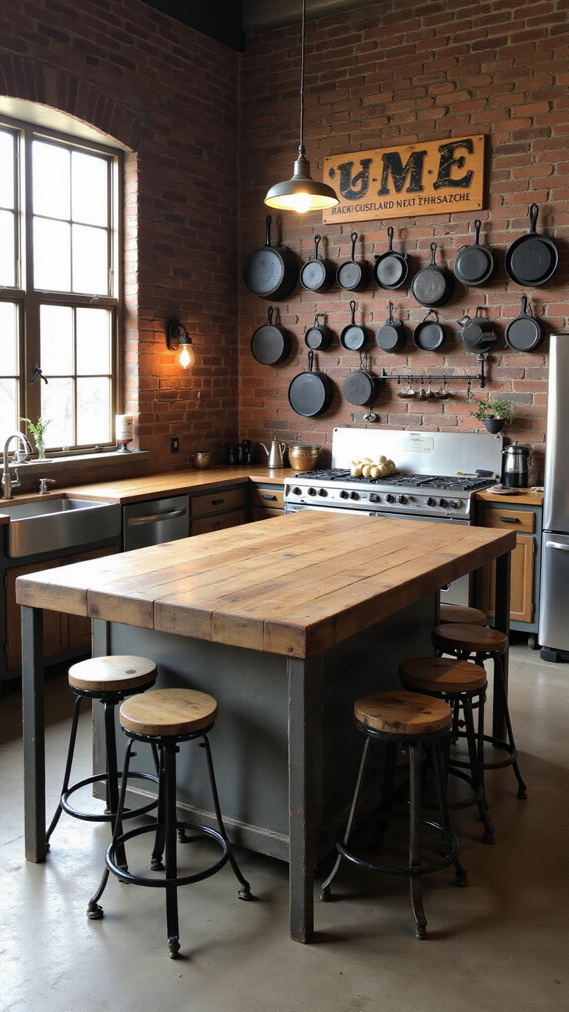 Rustic 12x14ft kitchen with exposed brick walls, antique signs, large weathered wood island, vintage industrial stools, cast iron skillets on wall, and dramatic morning light.