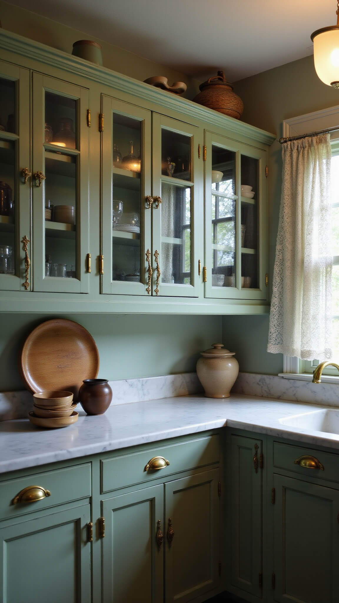Victorian-era kitchen at twilight with sage green glass-front cabinets, brass hardware, white marble countertops, and lace curtains filtering blue evening light.