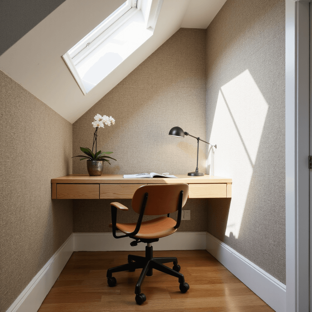 Modern minimalist work nook with white oak built-in desk, cognac leather Eames-style chair, matte black task lamp, and orchid in glass vase, bathed in morning skylight.