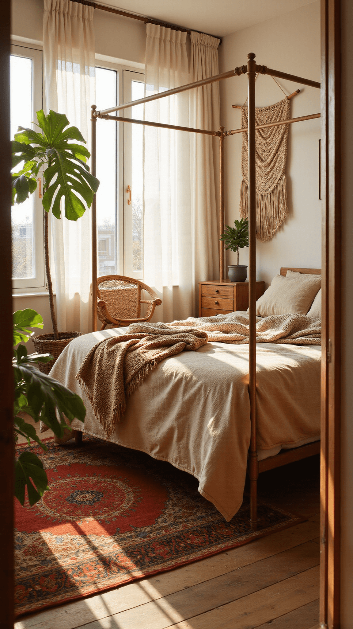 Boho bedroom with brass canopy bed, layered rugs, macramé wall hanging, and natural light streaming through tall windows at golden hour.