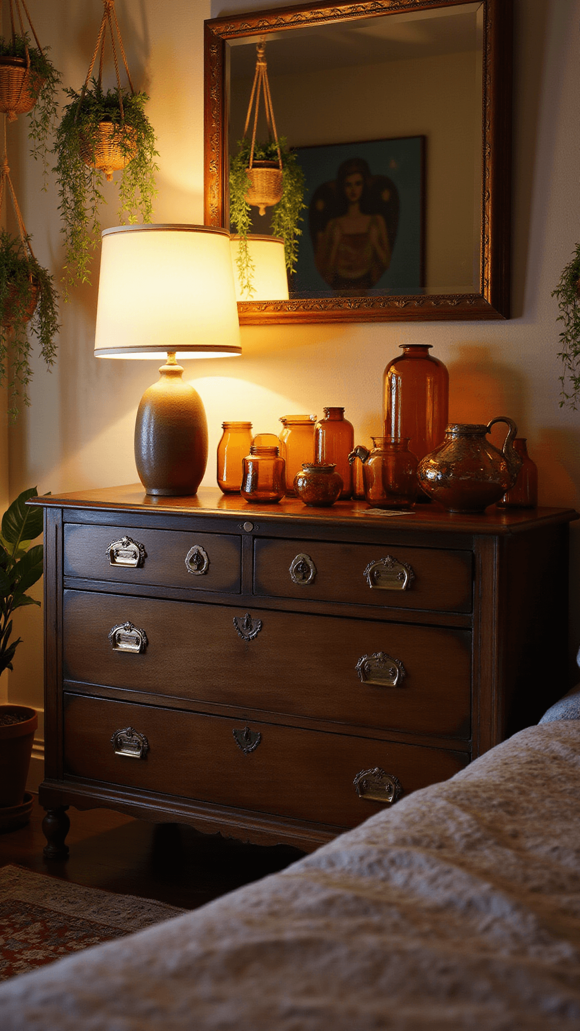 Boho bedroom corner at dusk with Victorian walnut dresser, amber glass decor, cascading plants, vintage mirror, and warm textured lighting.