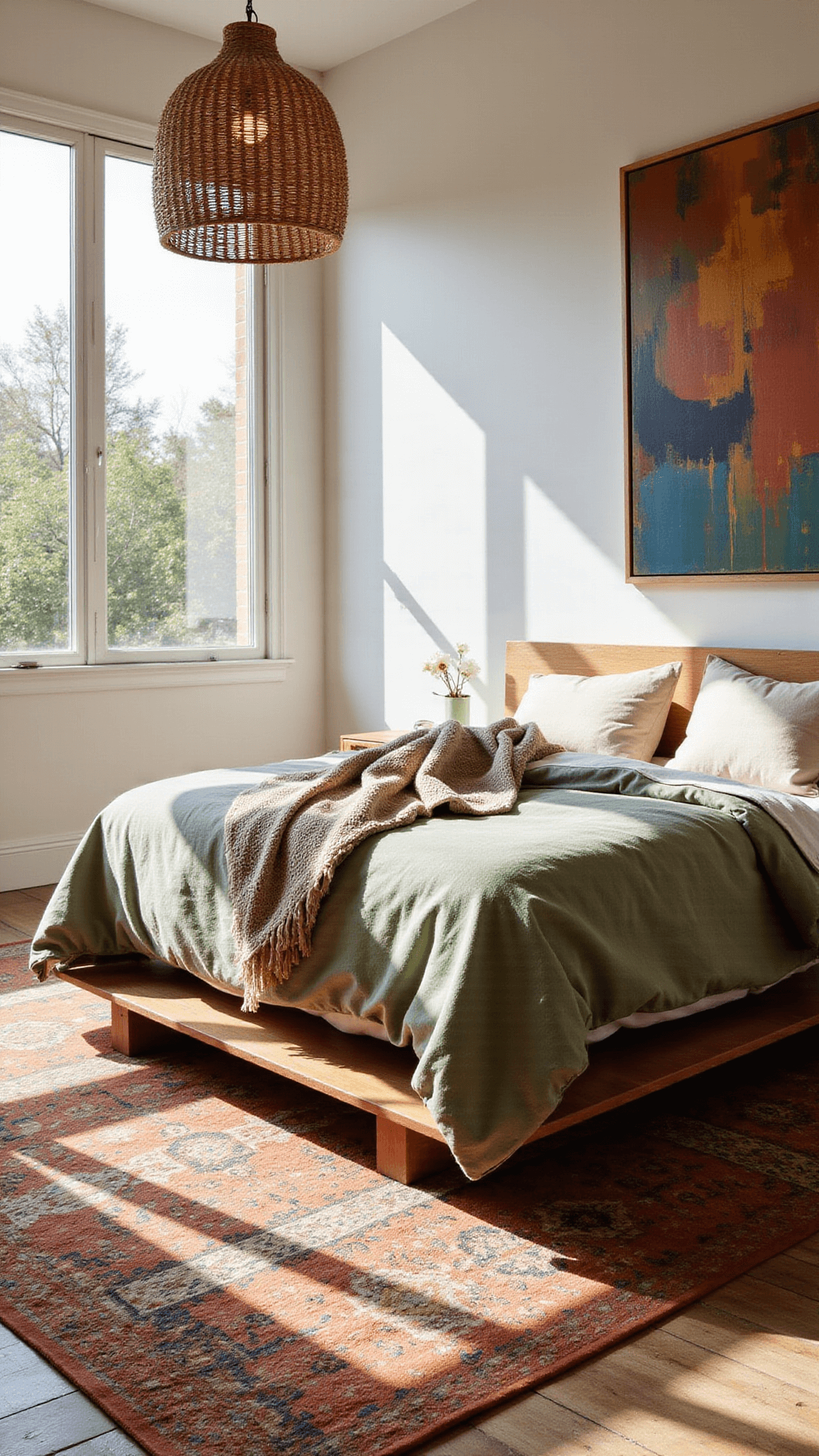 Boho bedroom with sage green linens, abstract earth-toned artwork, layered Moroccan rugs, and natural textures bathed in soft morning light.