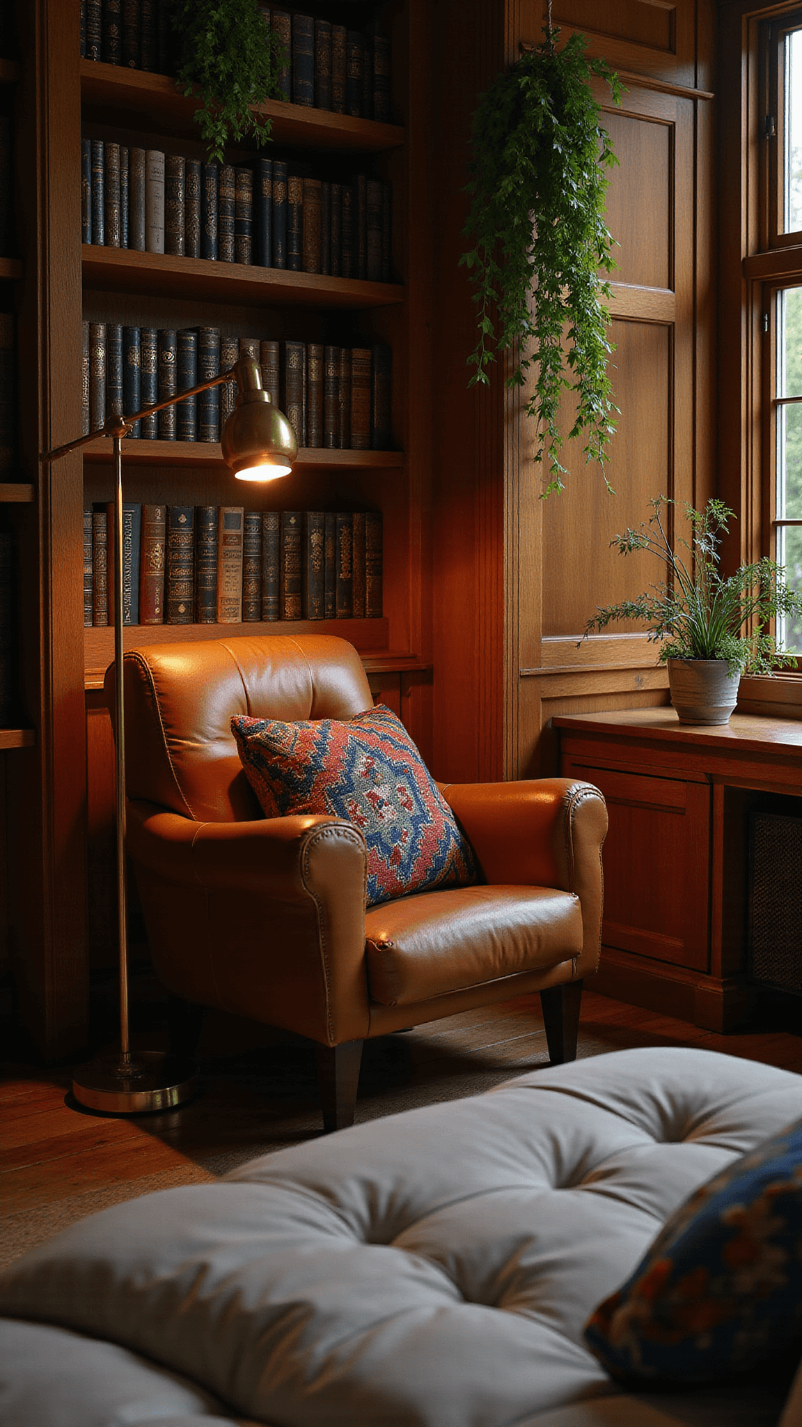 Cozy twilight boho reading nook with tall wood bookshelves, vintage leather armchair, brass floor lamp, jewel-toned kilim pillows, and hanging plants.