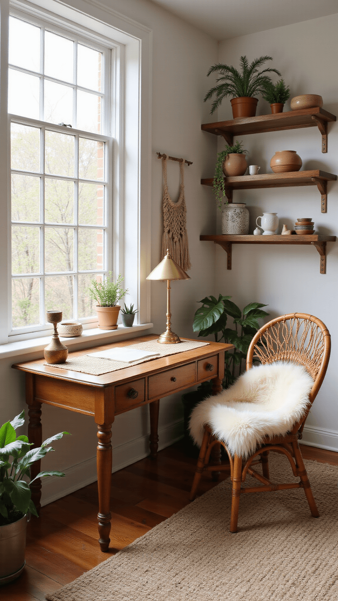Boho-style bedroom workspace with vintage desk, rattan chair, pottery shelves, and macramé plants bathed in natural morning light.