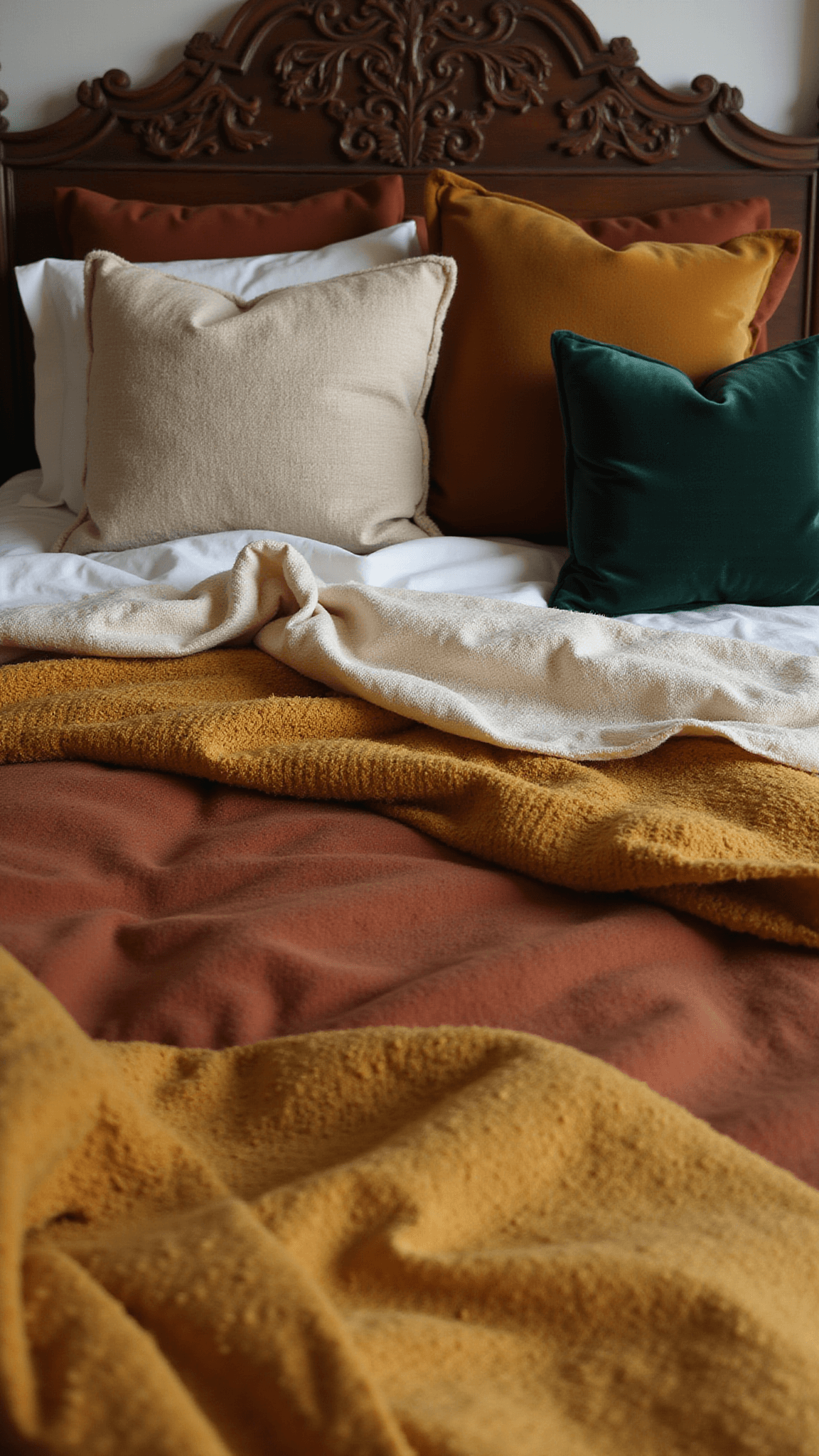 Close-up of boho-style bed with terracotta linen duvet, mustard throw, velvet pillows in green and bronze, and carved wooden headboard at magic hour.