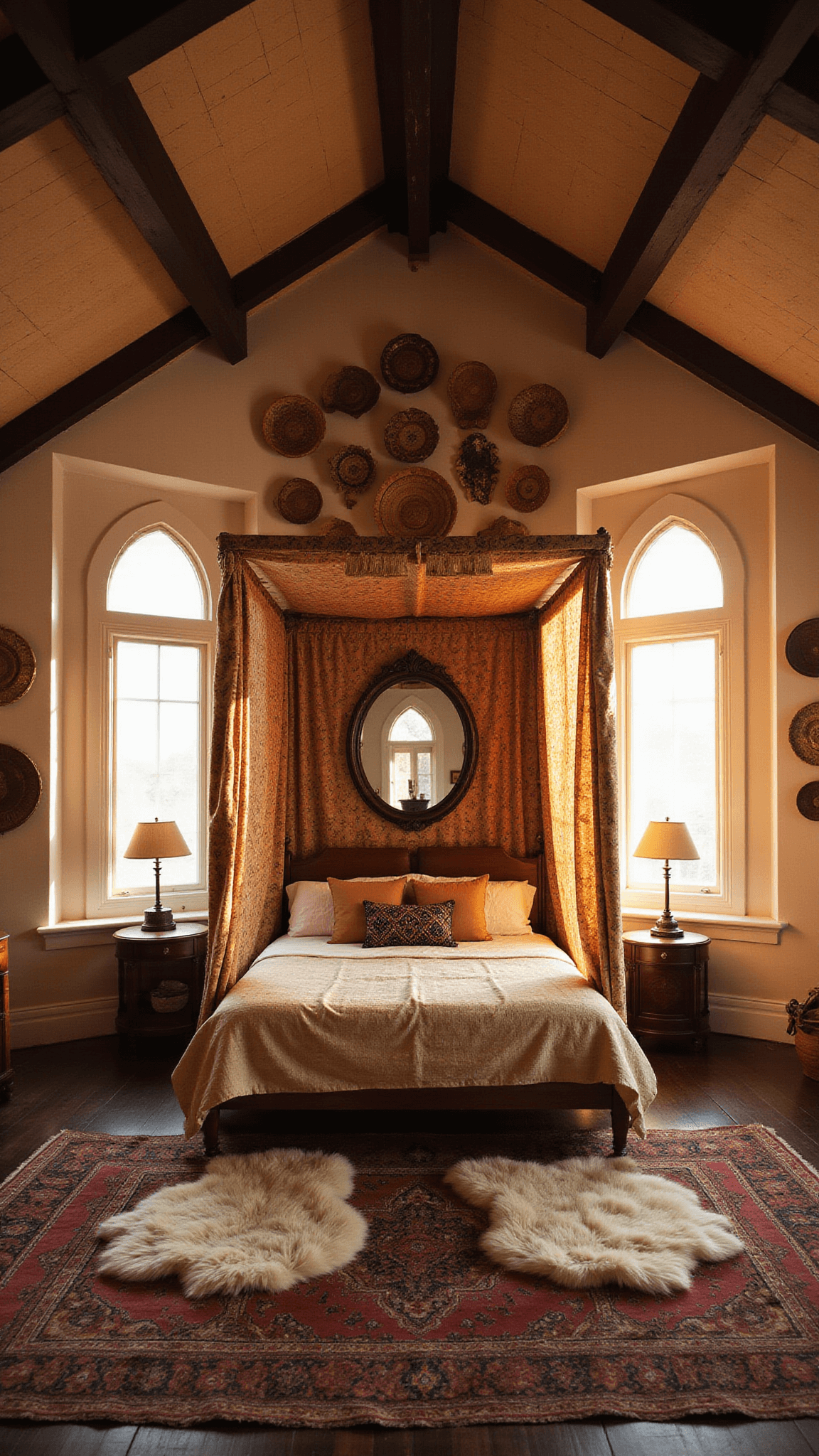 Boho bedroom at sunset with canopy bed, arched windows, woven basket wall art, and layered rugs, viewed from elevated corner.