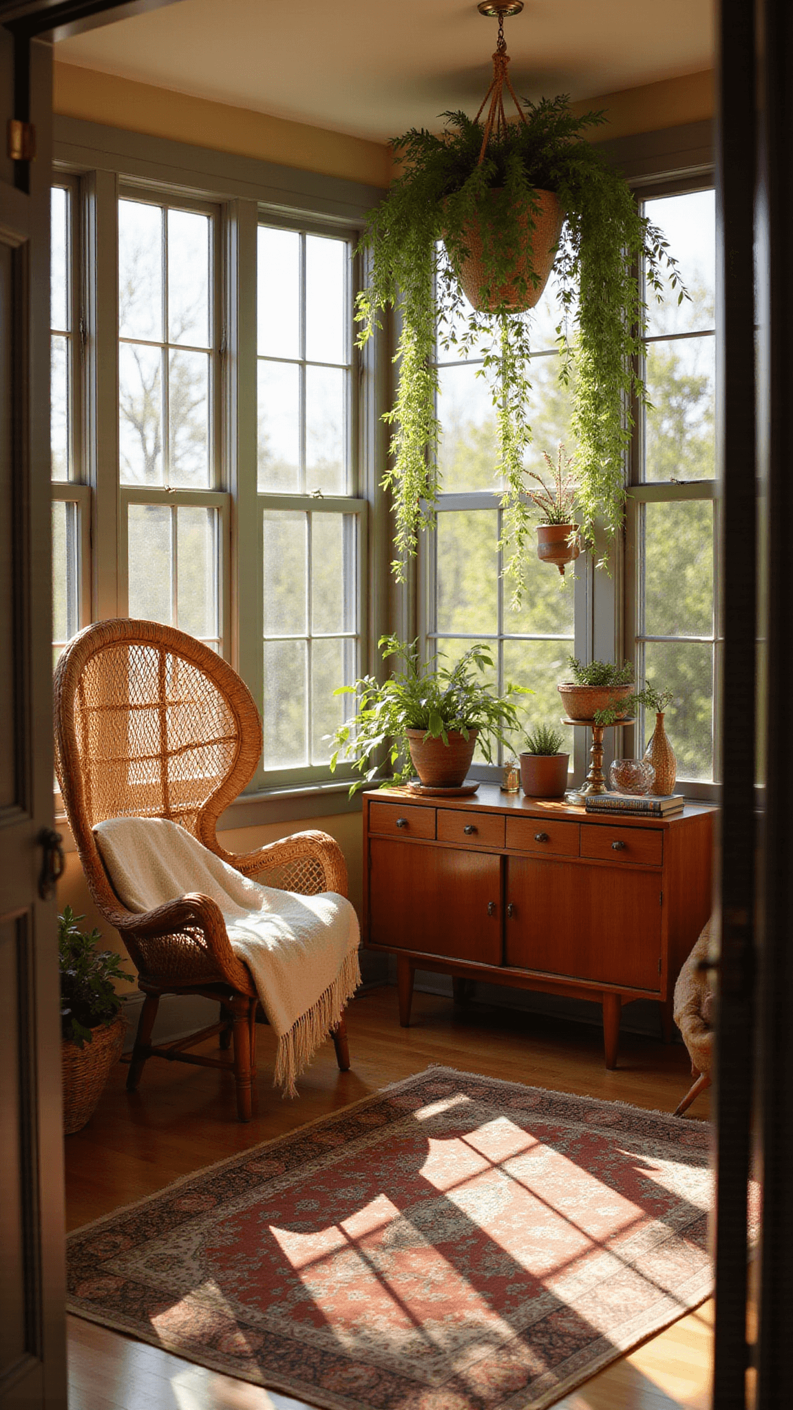 Sunroom with floor-to-ceiling windows, rattan peacock chair with cream blanket, layered Persian and jute rugs, cascading plants, teak sideboard with brass and vintage decor, bathed in golden hour light.