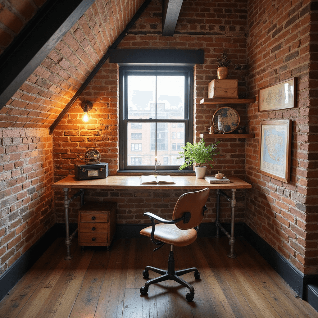 Industrial vintage study nook in small attic space with exposed brick, reclaimed wood desk, pipe shelving, vintage leather stool, Edison sconces, and antique map decor.