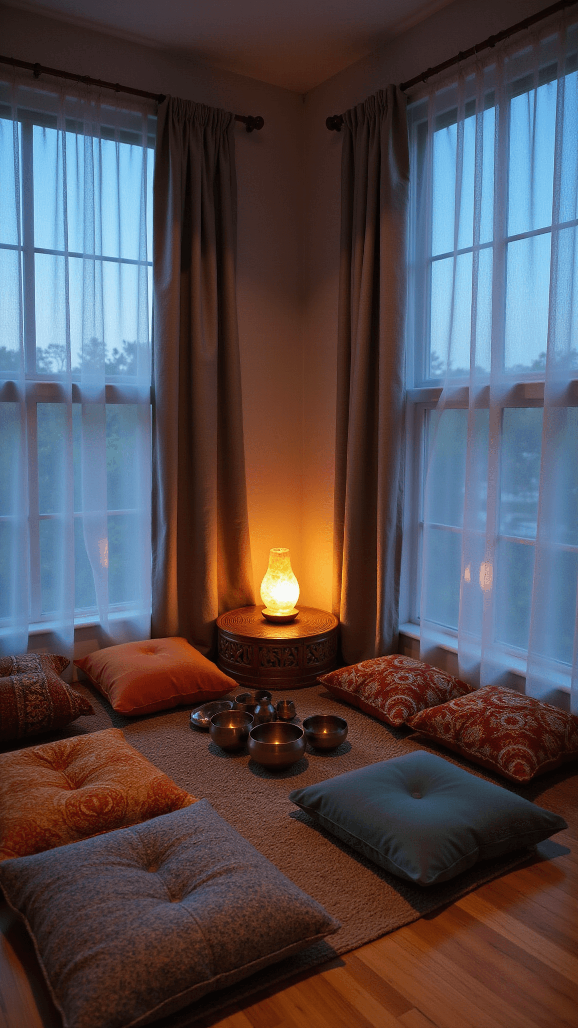 Meditation corner at twilight with linen curtains, wooden platform with Mexican blankets and pillows, brass singing bowls on bamboo table, and glowing Himalayan salt lamp.