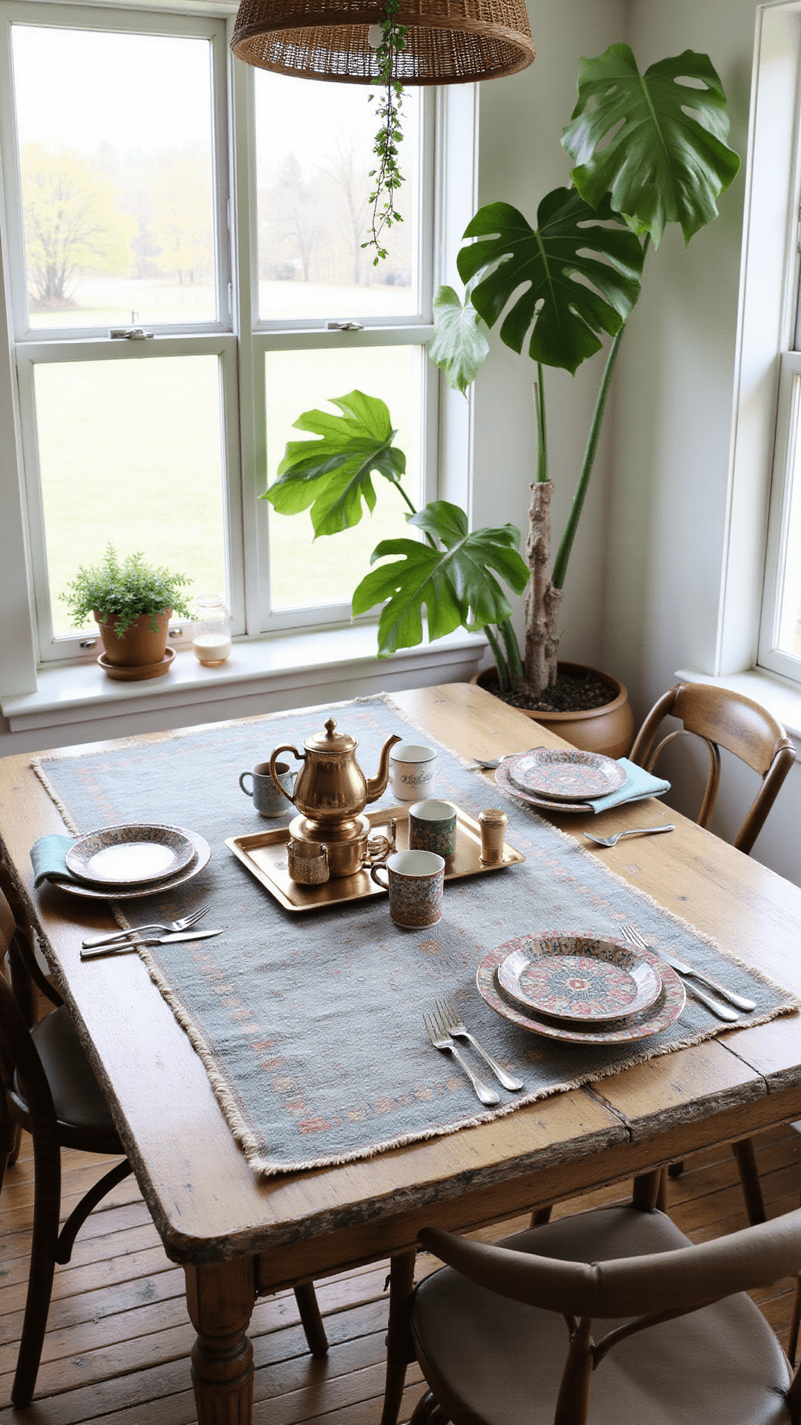 Afternoon tea on distressed wooden table with mismatched mugs and brass tea set, set atop vintage Turkish rug in sunlit sunroom with monstera shadows and rattan pendant overhead.