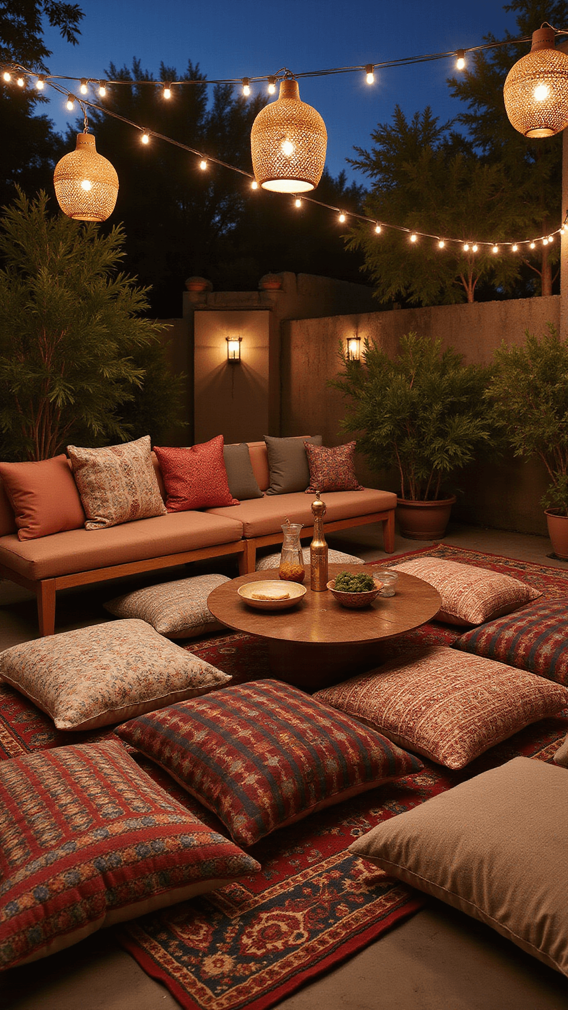 Cozy evening lounge with floor cushions in rich textiles around a copper coffee table, lit by Moroccan lanterns and string lights over layered vintage rugs.