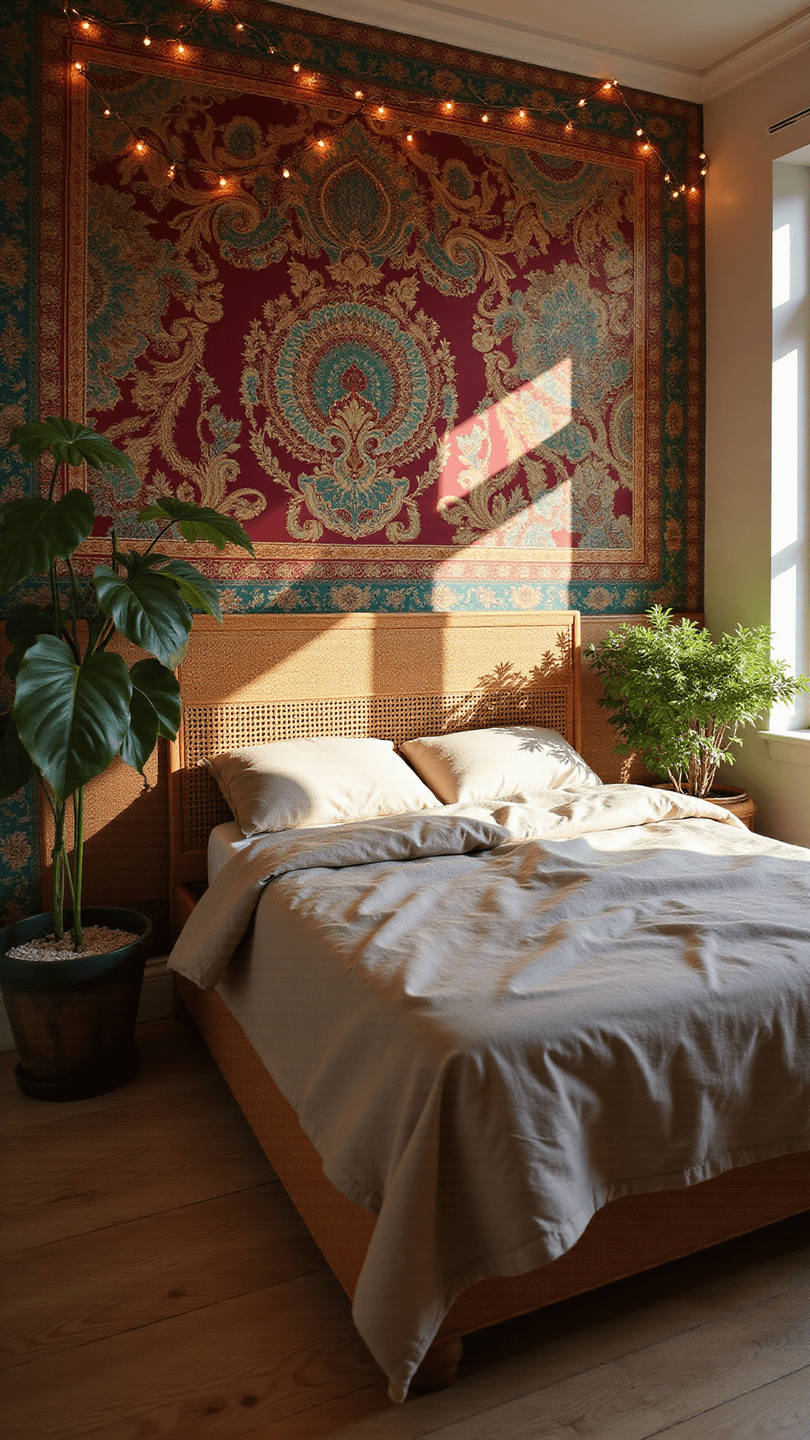 Sunlit bedroom with jewel-toned tapestry accent wall, rattan platform bed with oatmeal linens, surrounded by lush potted plants and glowing string lights.