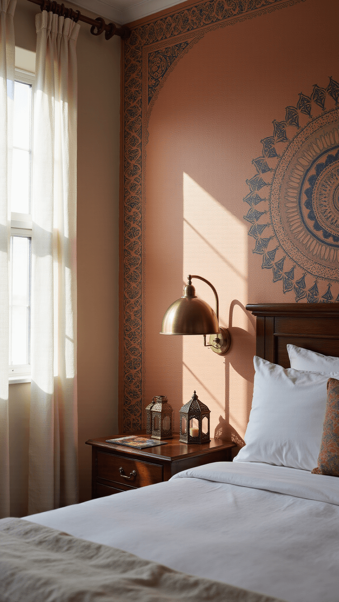 Hand-painted mandala accent wall in terracotta, navy, and cream illuminated by morning light in a cozy bedroom corner with brass lamp and Moroccan lanterns.