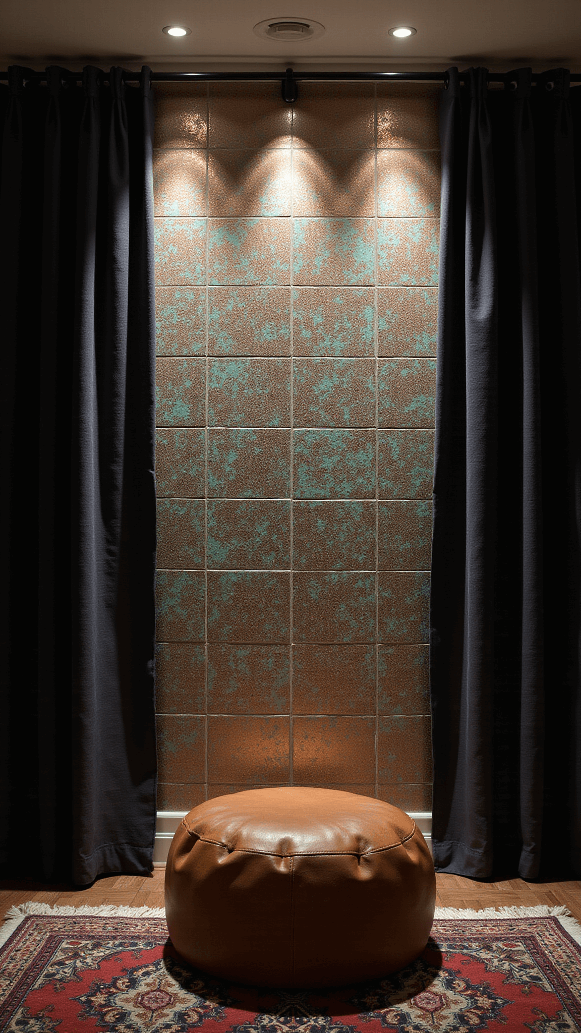 Moody master bedroom with Moroccan-inspired copper and turquoise tile accent wall, blackout curtains, uplighting, leather pouf, and layered vintage rugs, viewed from a slightly elevated angle.