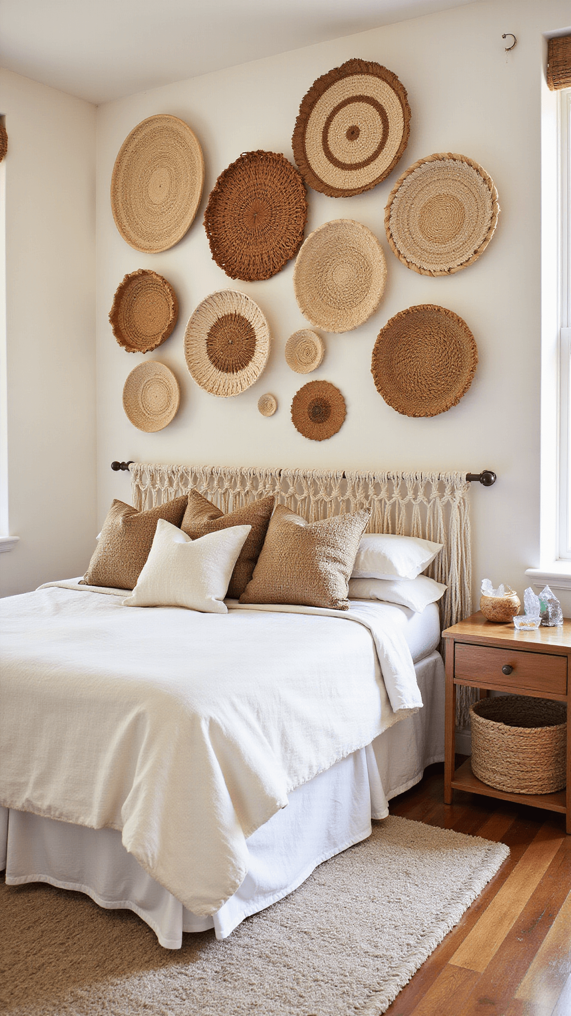 Boho-style bedroom with woven basket accent wall, macramé headboard, mud cloth bedding, and crystal prisms casting rainbows.