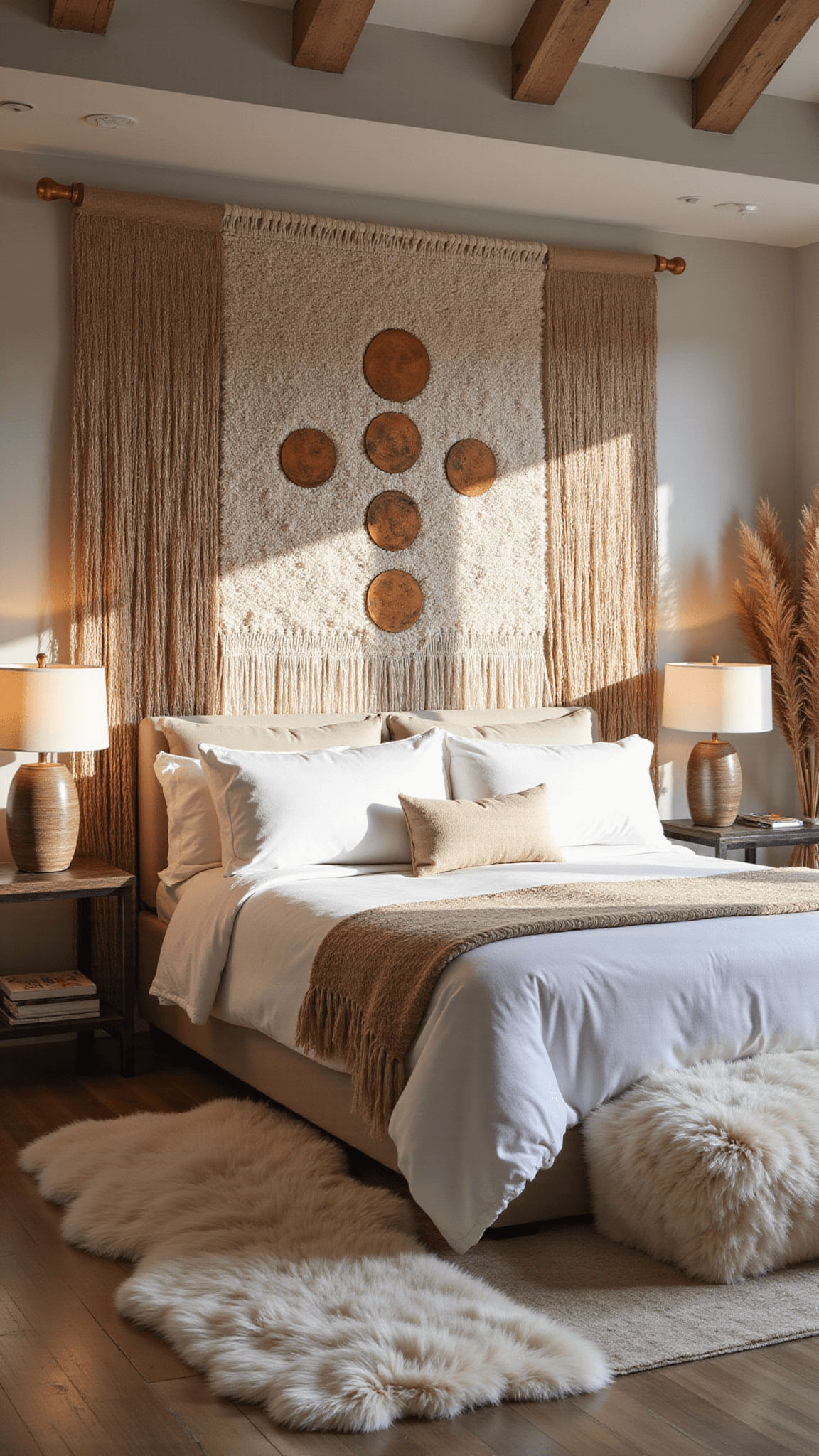 Textured boho bedroom with macramé wall hanging, copper moon art, salt lamps, sheepskin rugs, floor cushions, and dried pampas grass in soft afternoon light.