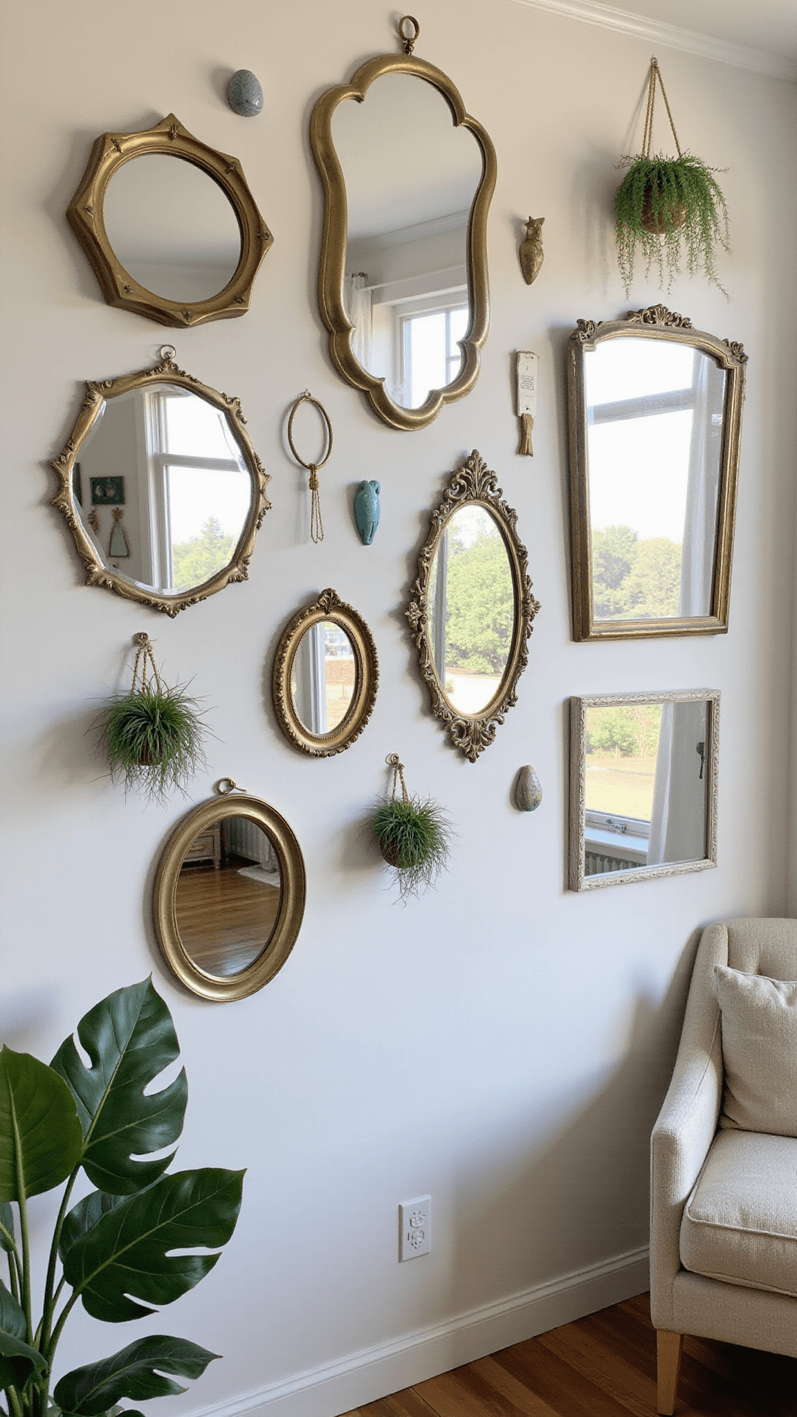 Cozy 12x14ft room with brass-framed vintage mirrors, hanging air plants, geometric wall art, and soft morning light reflecting from a fiddle leaf fig.