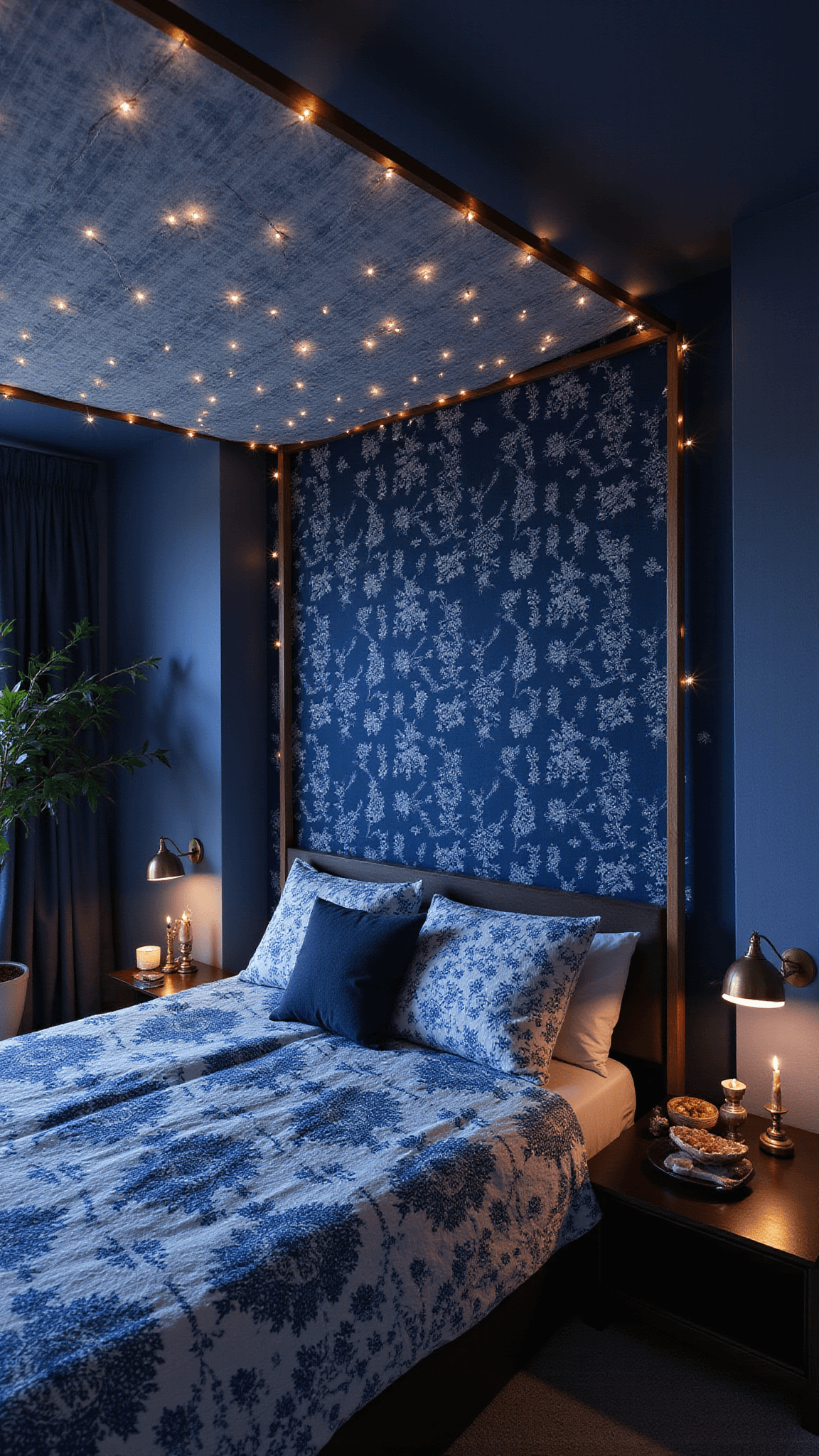 Twilight-lit bedroom with indigo shibori tapestry, fairy-lit canopy bed, block-print quilts, and mystical brass and crystal decor.