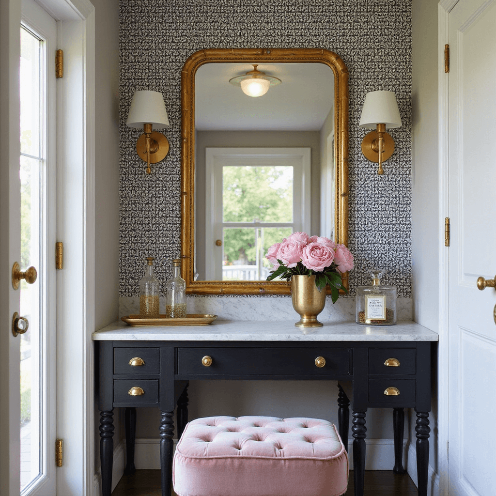 Art Deco vanity nook with blush velvet stool, gilt mirror, marble console, geometric wallpaper, brass sconces, and peonies; viewed through crystal perfume bottles with bokeh effect.
