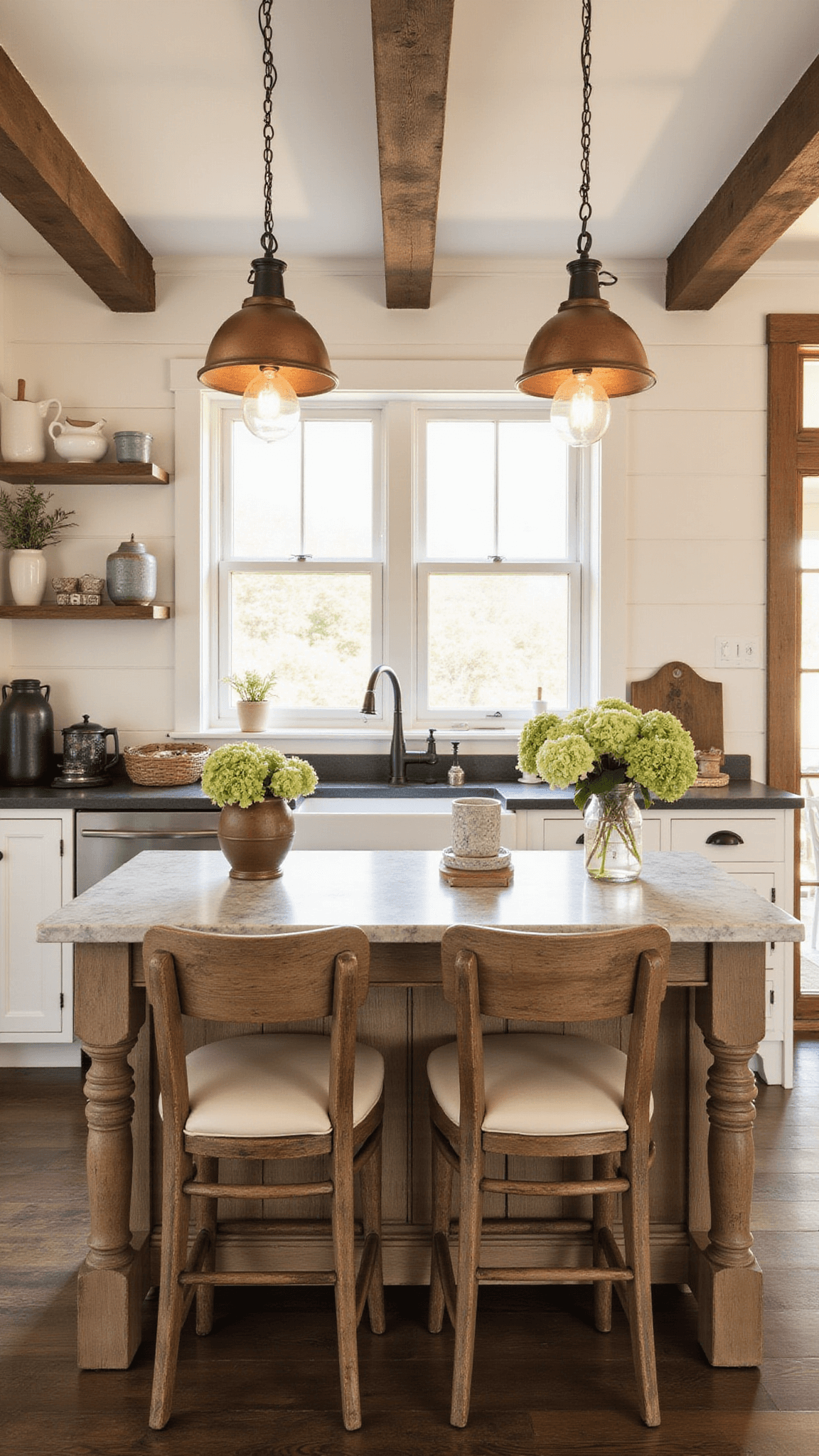 Rustic farmhouse kitchen bathed in golden hour light, featuring a reclaimed barn wood island with marble top, copper pendant lights, and vintage decor in warm wood, cream, and copper tones.