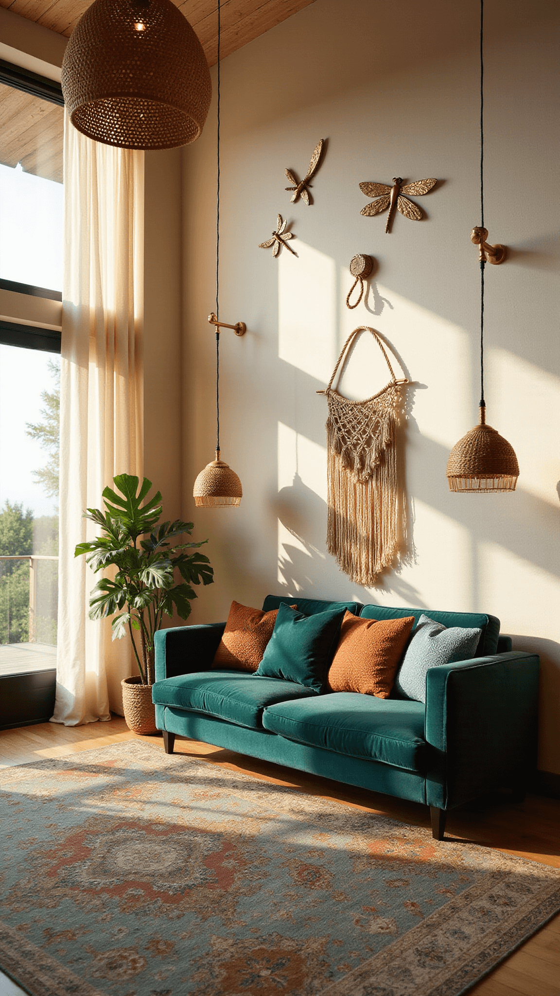 Sunlit living room with emerald velvet sofa, brass dragonfly wall art, rattan pendant lights, and sheer curtains billowing beside floor-to-ceiling windows.