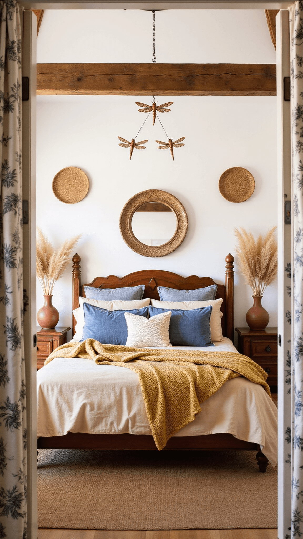 Boho-style master bedroom with carved wooden bed, layered linens, indigo pillows, and warm-toned knit throw, sunlit through botanical curtains, with copper dragonfly mobiles, woven baskets, and pampas grass décor.