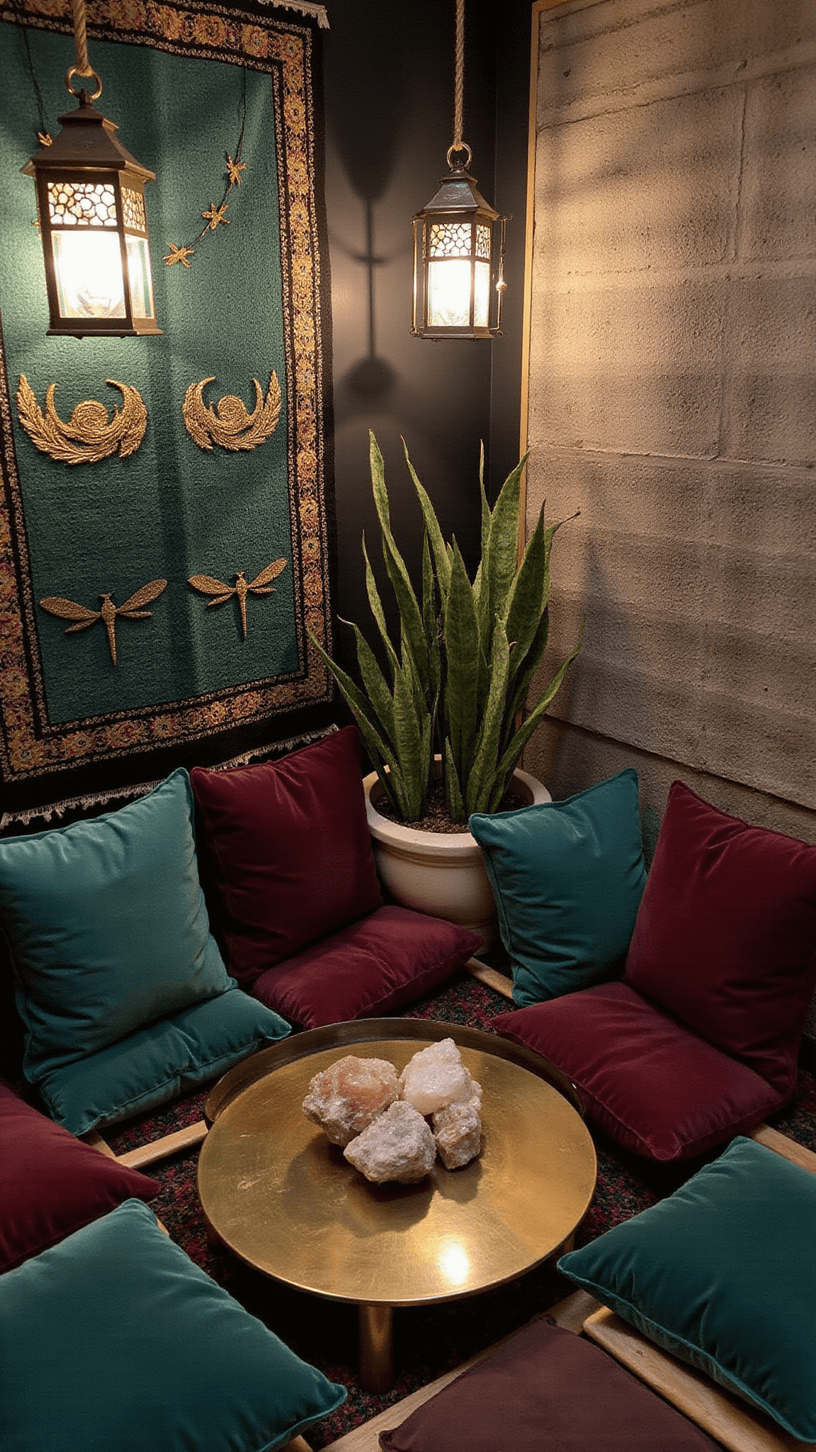 Cozy 8x8ft meditation nook at blue hour with Moroccan lanterns, velvet floor cushions, brass table, dragonfly tapestry, crystals, and snake plants, viewed from above at 45-degree angle.