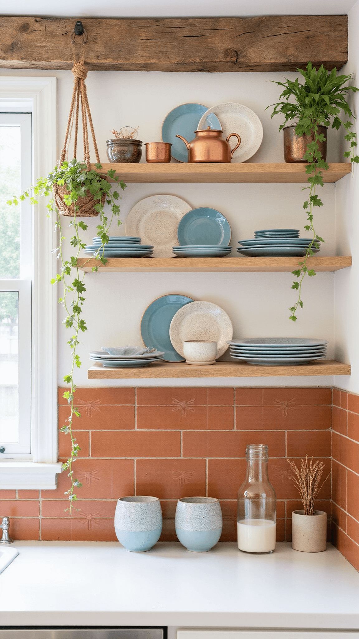 Boho-style 10x12ft kitchen with open wooden shelves displaying blue and neutral ceramics, copper pots hanging from a reclaimed beam, macrame planters with ivy, and terracotta dragonfly tile backsplash illuminated by natural light.