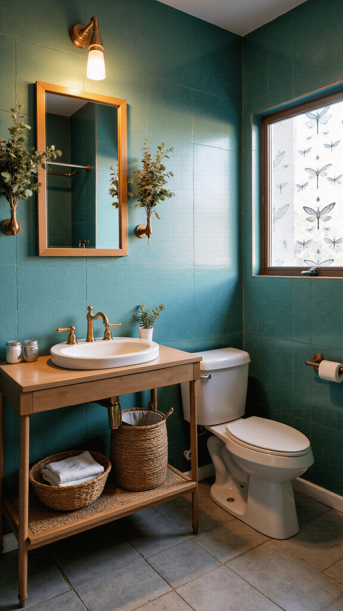 Spa-like 8x10ft bathroom at dusk with teal zellige tiles, brass fixtures, floating wood vanity, dragonfly-patterned window film, and eucalyptus bundles.