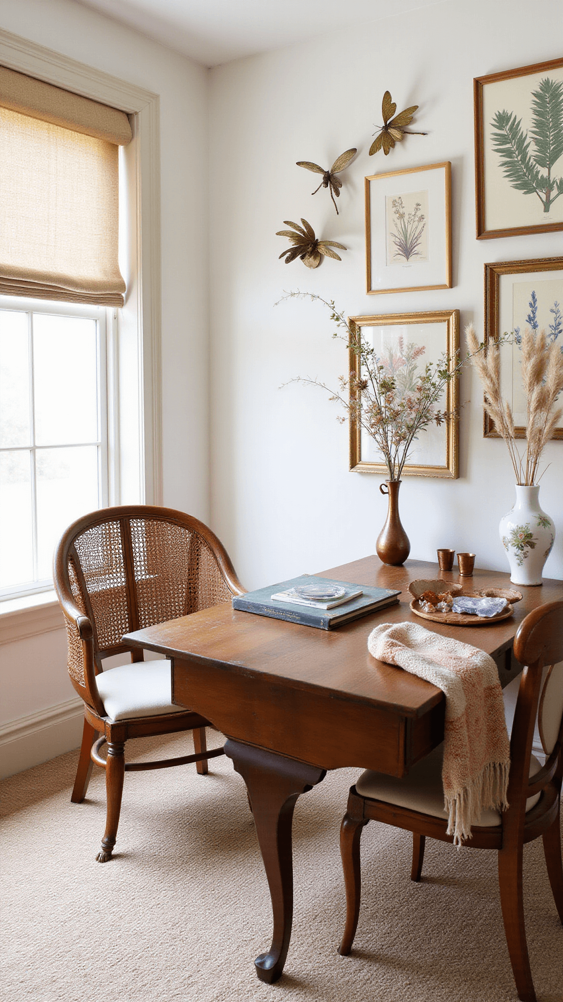 Artistic home office with antique desk, botanical curtains, rattan chair, gallery wall of dragonflies and prints, and sunlight on crystals and dried flowers.