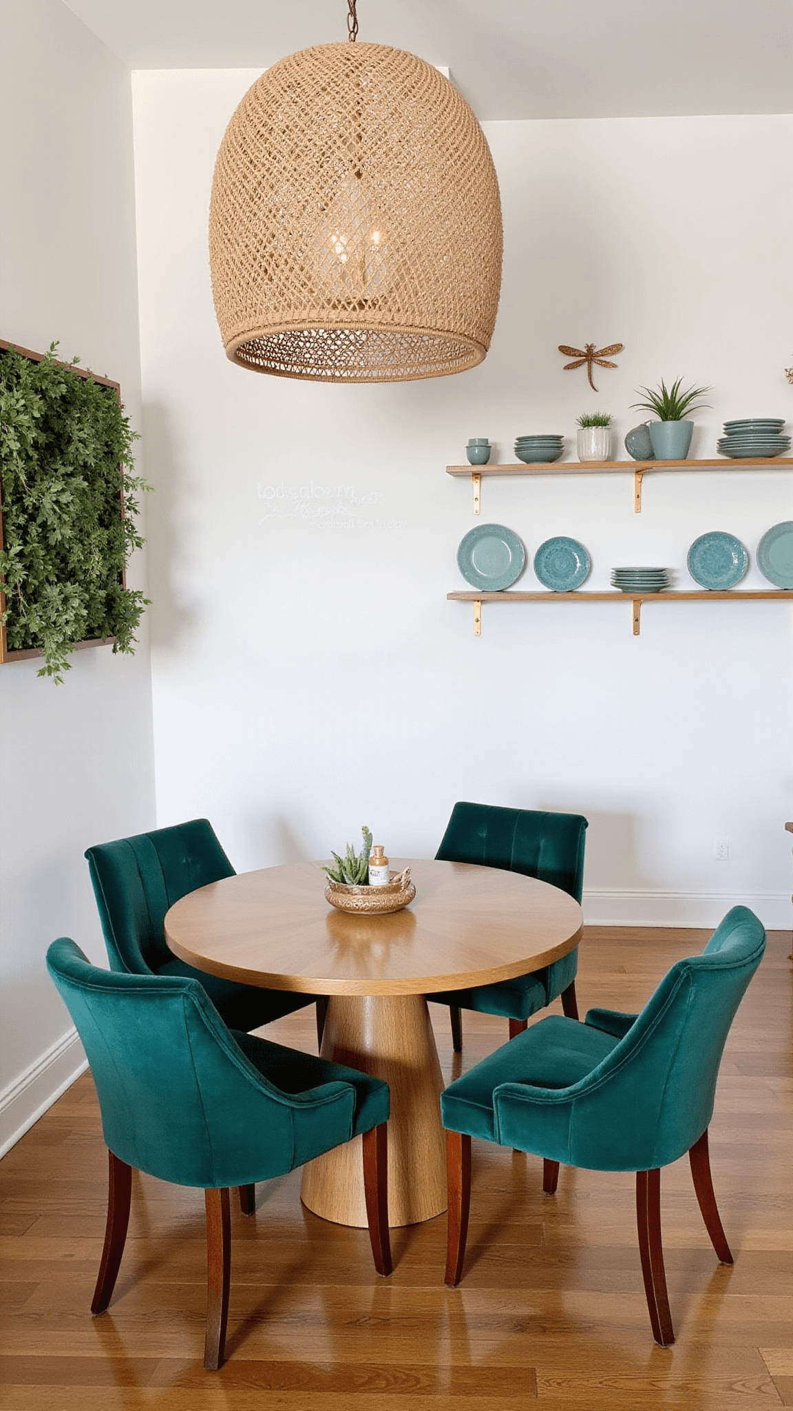 Bohemian dining nook with round rattan table, emerald velvet chairs, macrame chandelier, living wall with air plants, and ocean blue ceramic plates on shelves.