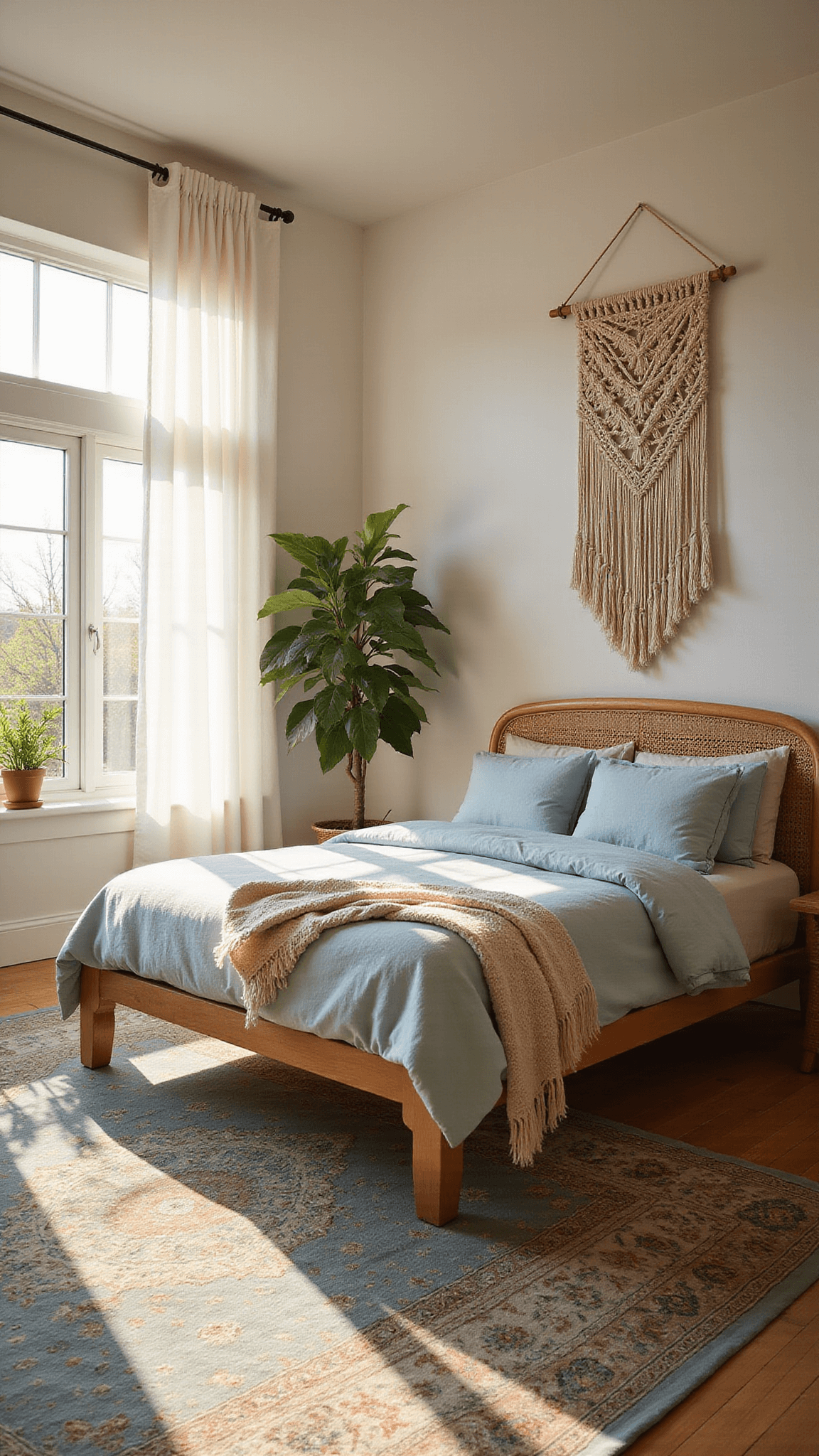 Sunlit 12x14ft bedroom with rattan queen bed, powder blue and cream linens, macramé wall hanging, vintage Persian rug, and houseplants, softly lit through sheer curtains.