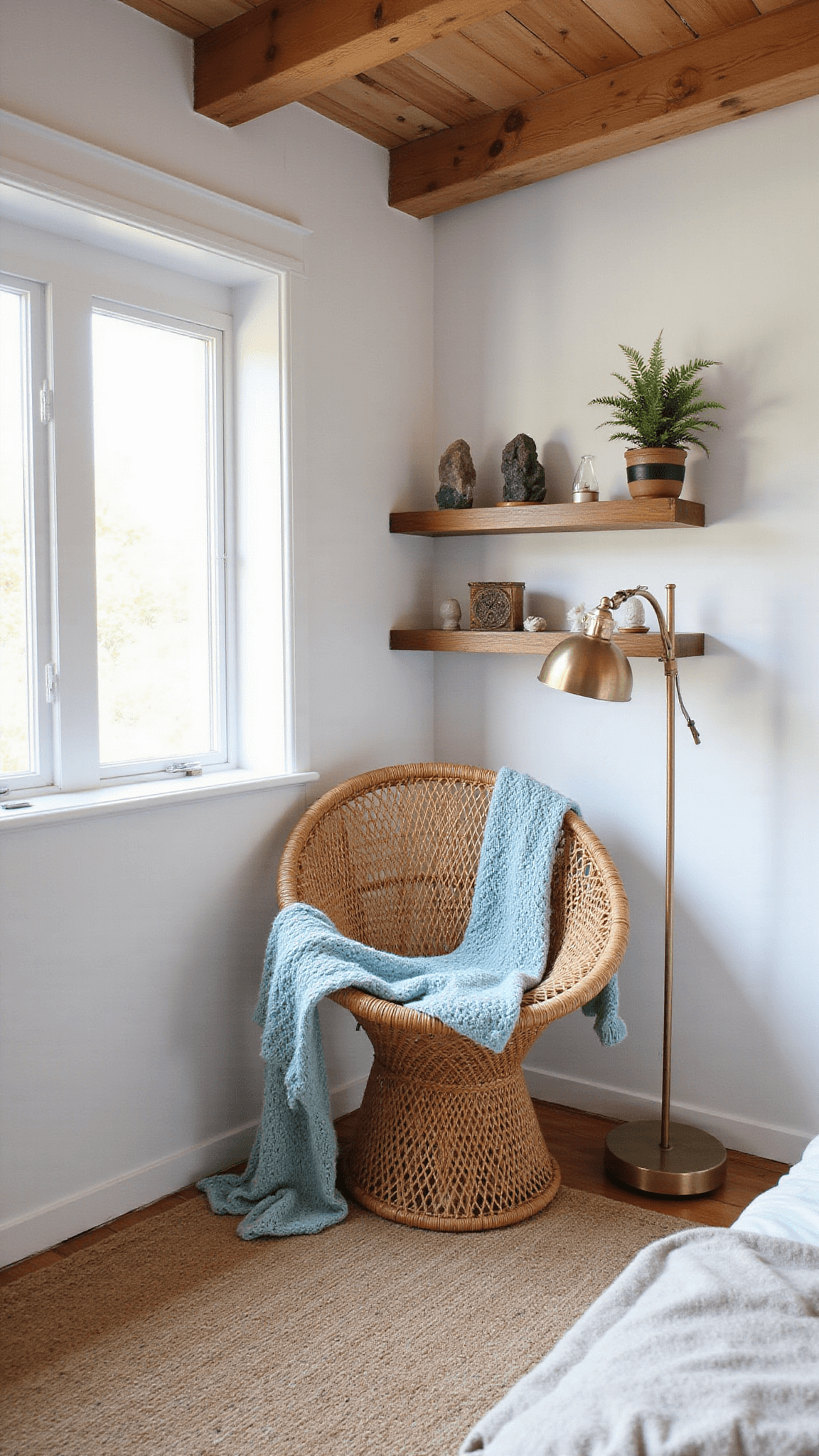 Cozy corner reading nook with rattan peacock chair, sky blue knit throw, jute and Moroccan rugs, crystal-decorated floating shelves, and soft mid-morning natural light.