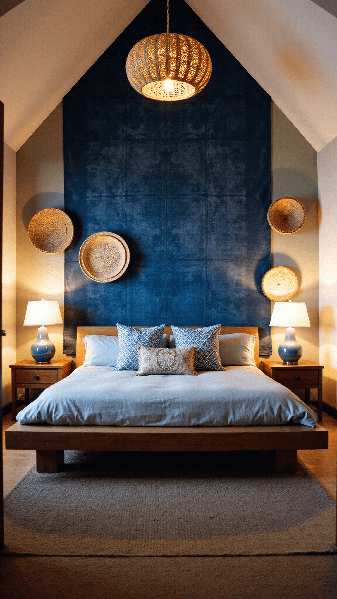 Cozy master bedroom at dusk with vaulted ceilings, indigo tapestry behind platform bed, light blue linen bedding, rattan pendant lighting, and woven basket wall decor.