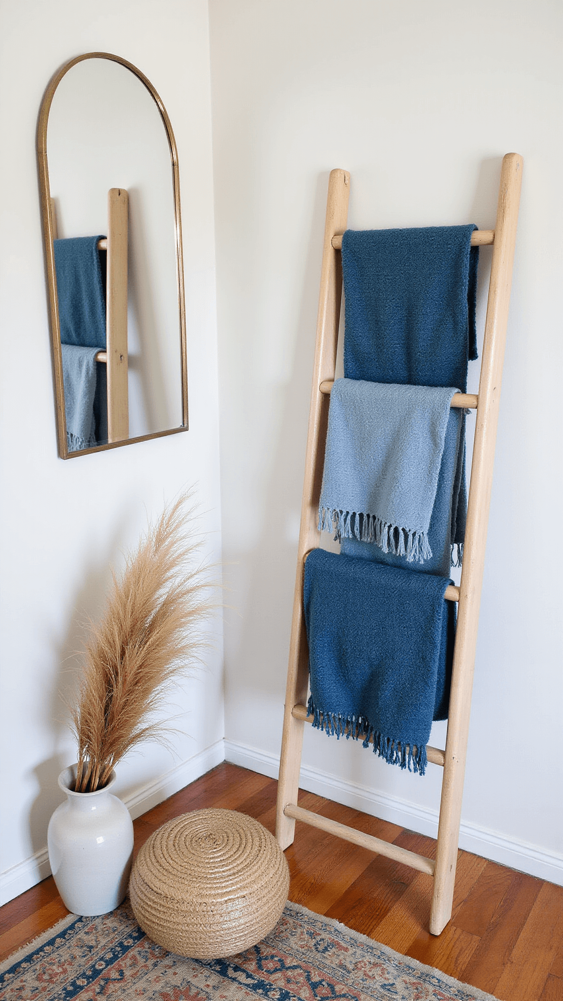 High-angle view of minimalist boho dressing corner with arched brass mirror, vintage ladder with blue textiles, round jute pouf on layered rugs, and pampas grass in ceramic vase.