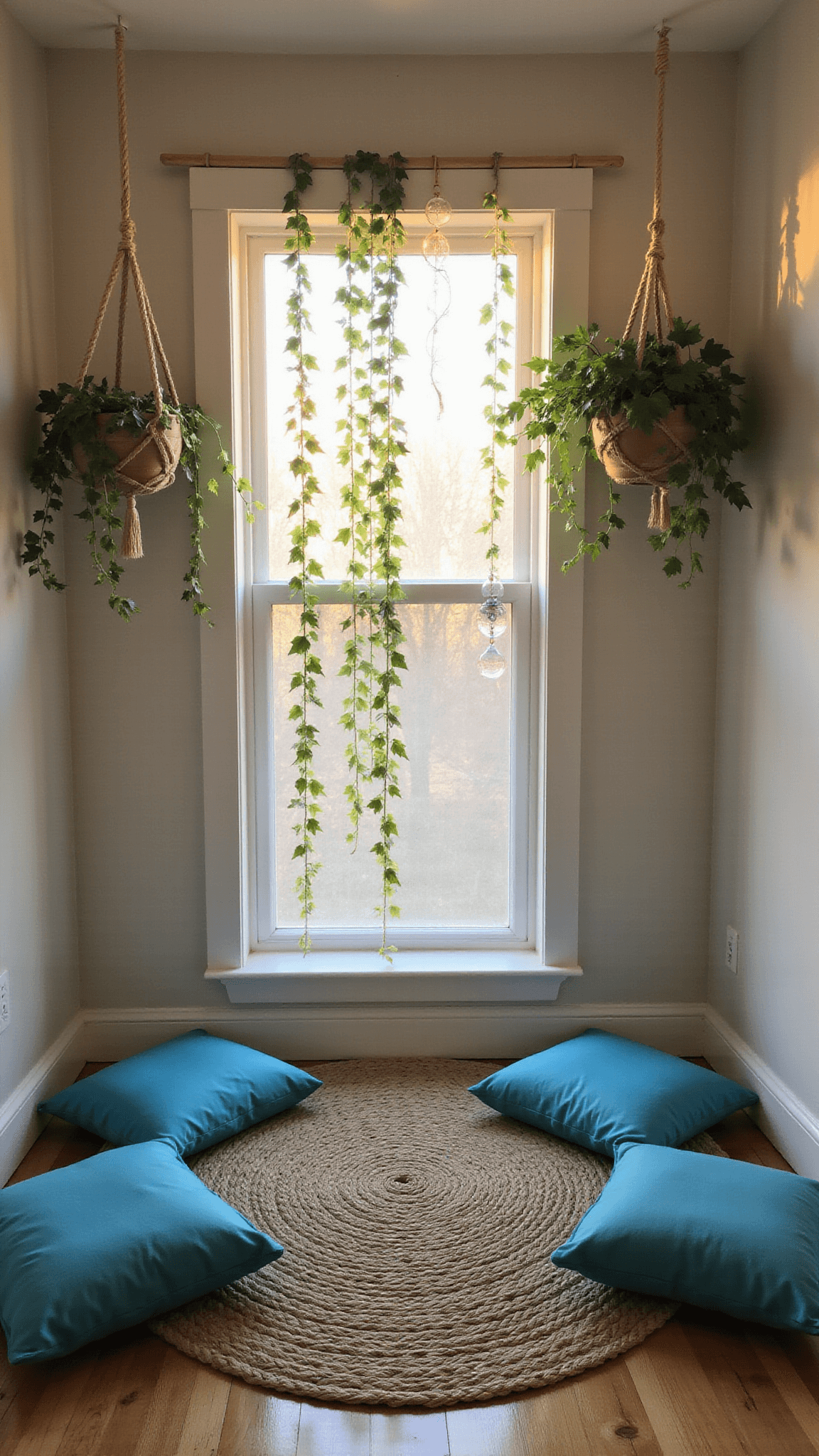 Meditation nook with blue floor cushions on hemp rug, ivy in macramé hangers, and rainbow suncatcher reflections in soft sunrise light.
