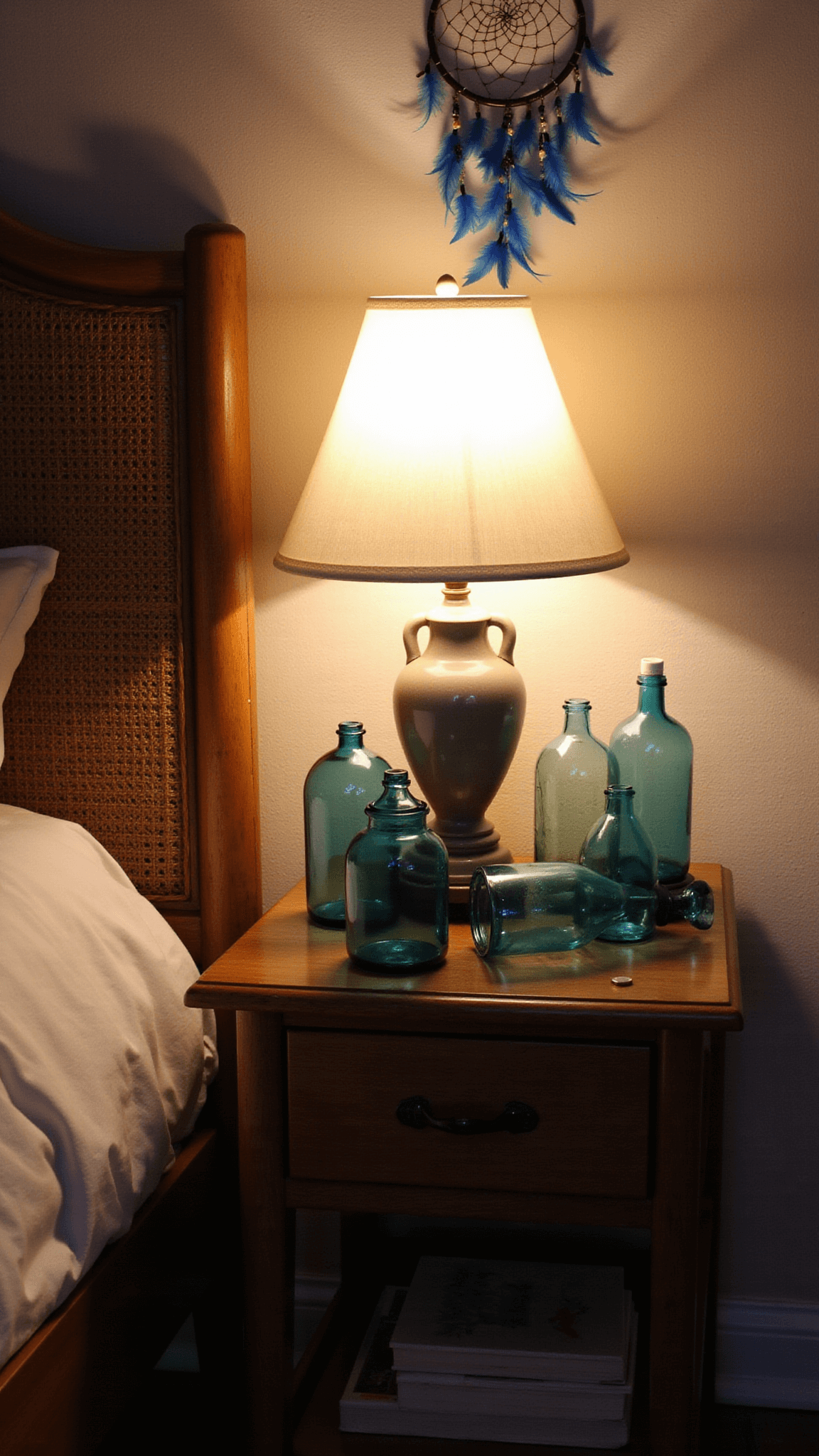 Close-up of cozy bedside scene with rattan nightstand, glowing ceramic lamp, vintage blue glass bottles, and dreamcatcher with blue feathers in warm twilight ambiance.
