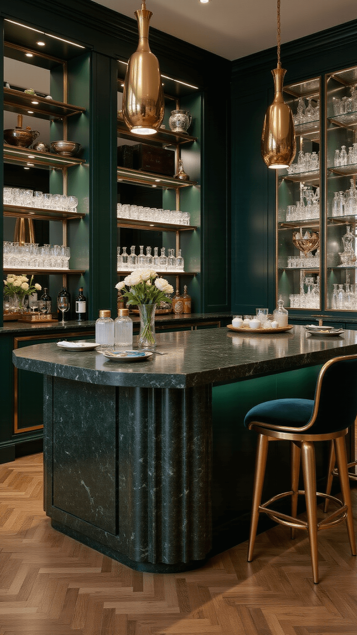 Art Deco kitchen with dark green marble island, brass accents, velvet bar stools, mirror shelving, and moody evening lighting.