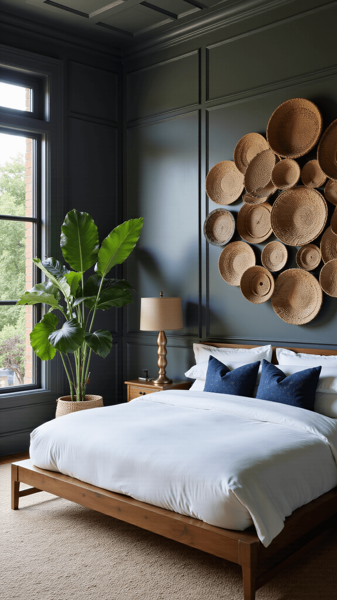Moody boho bedroom at blue hour with woven basket wall display, indigo pillows on a white California king bed, fiddle leaf fig casting shadows, and natural materials like jute and rattan throughout.