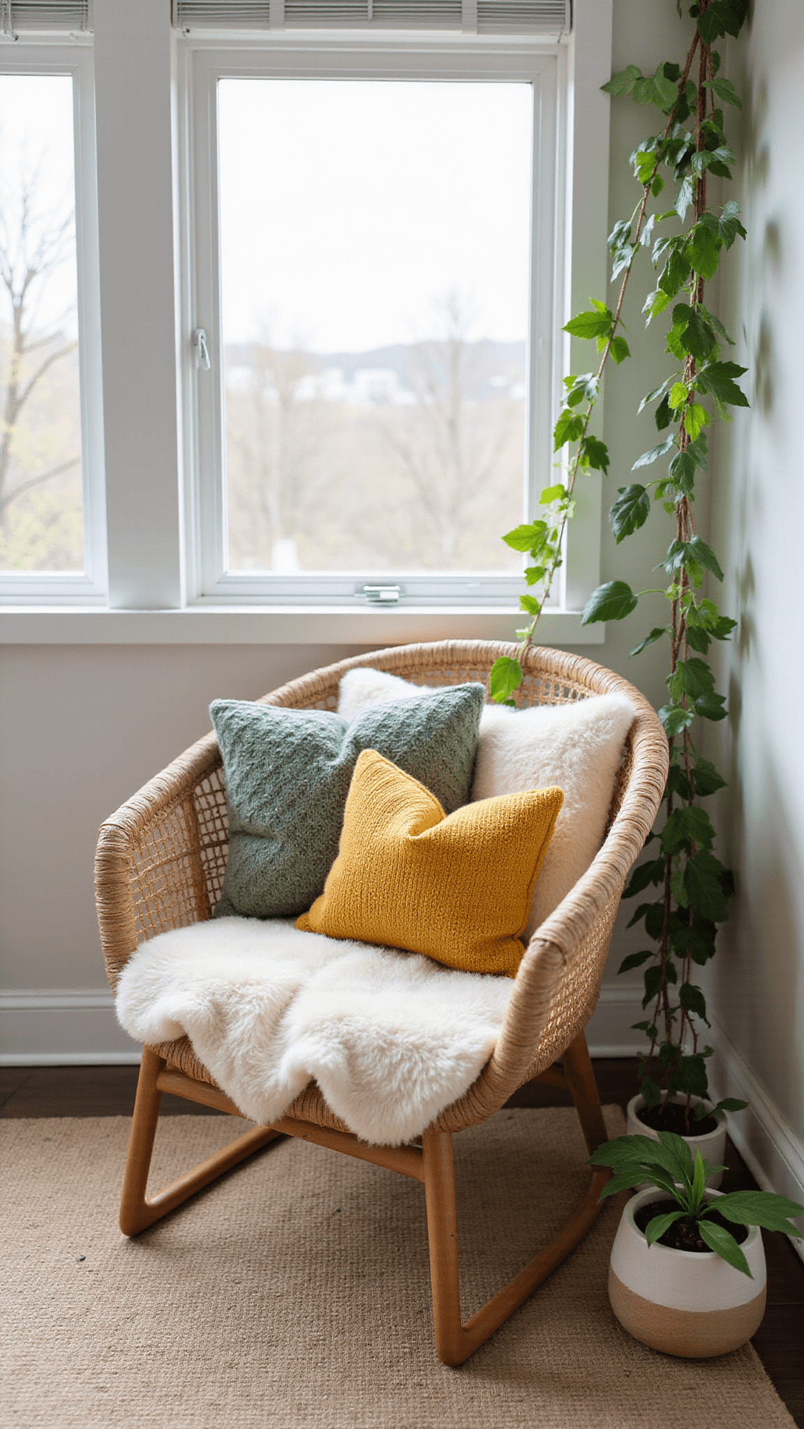 Cozy bedroom reading nook with hanging rattan chair, sheepskin throw, and knit pillows by tall windows, bathed in soft morning light.