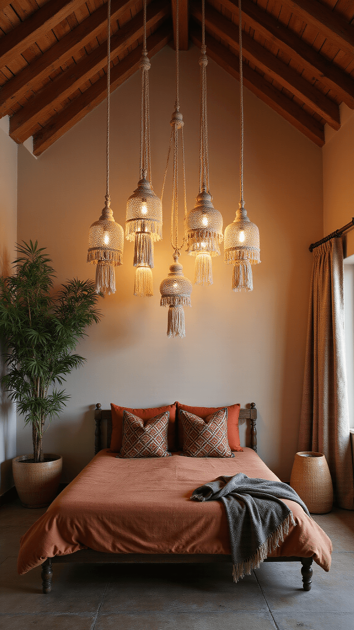 Low-angle view of bedroom with 15-foot cathedral ceiling, exposed beams, staggered macramé pendants, earth-toned bed, vintage Kilim pillows, and tall corner palm.