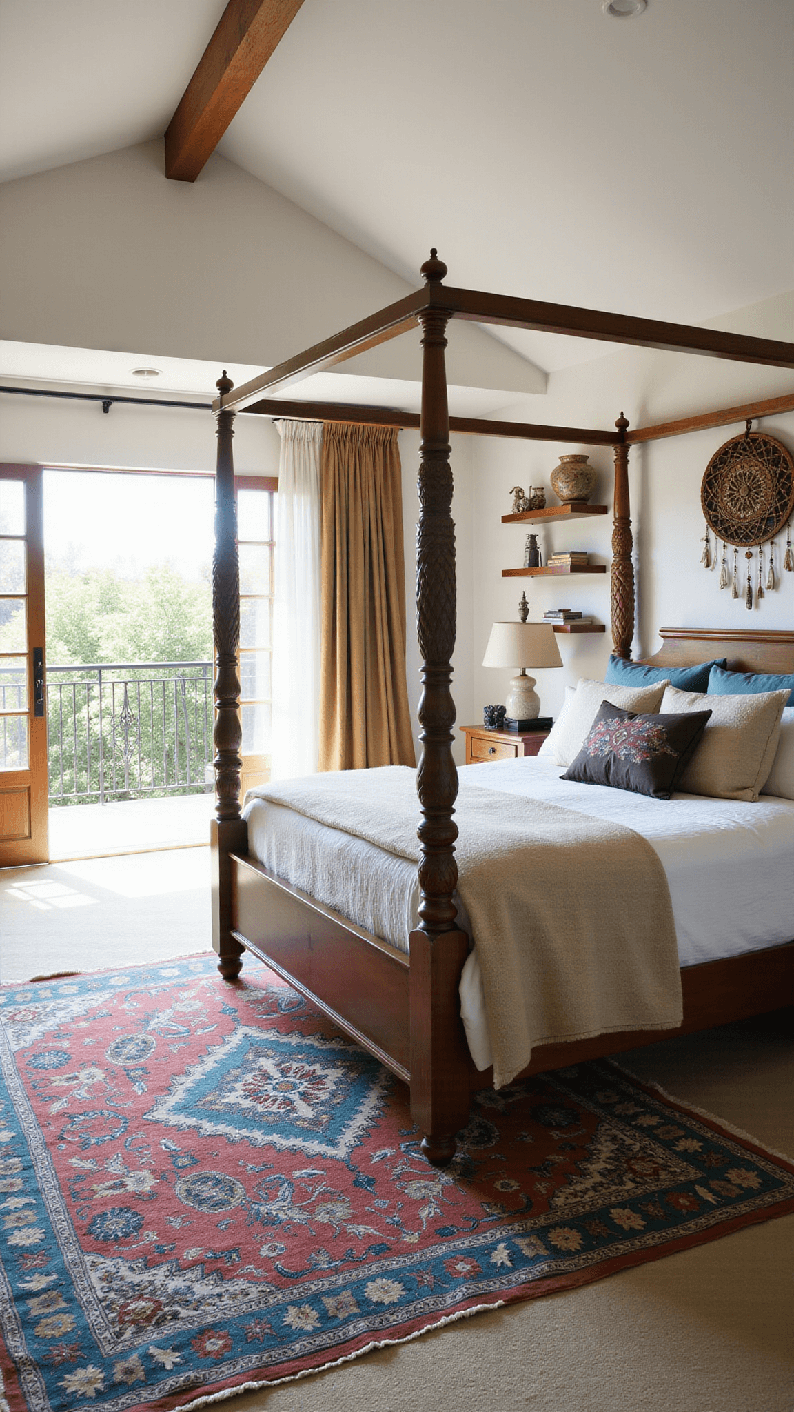 Master bedroom with French doors to balcony, warm white 11-foot walls, dream catcher, global artifacts on floating shelves, four-poster bed with sheer curtains, and layered jewel-toned Persian rugs.