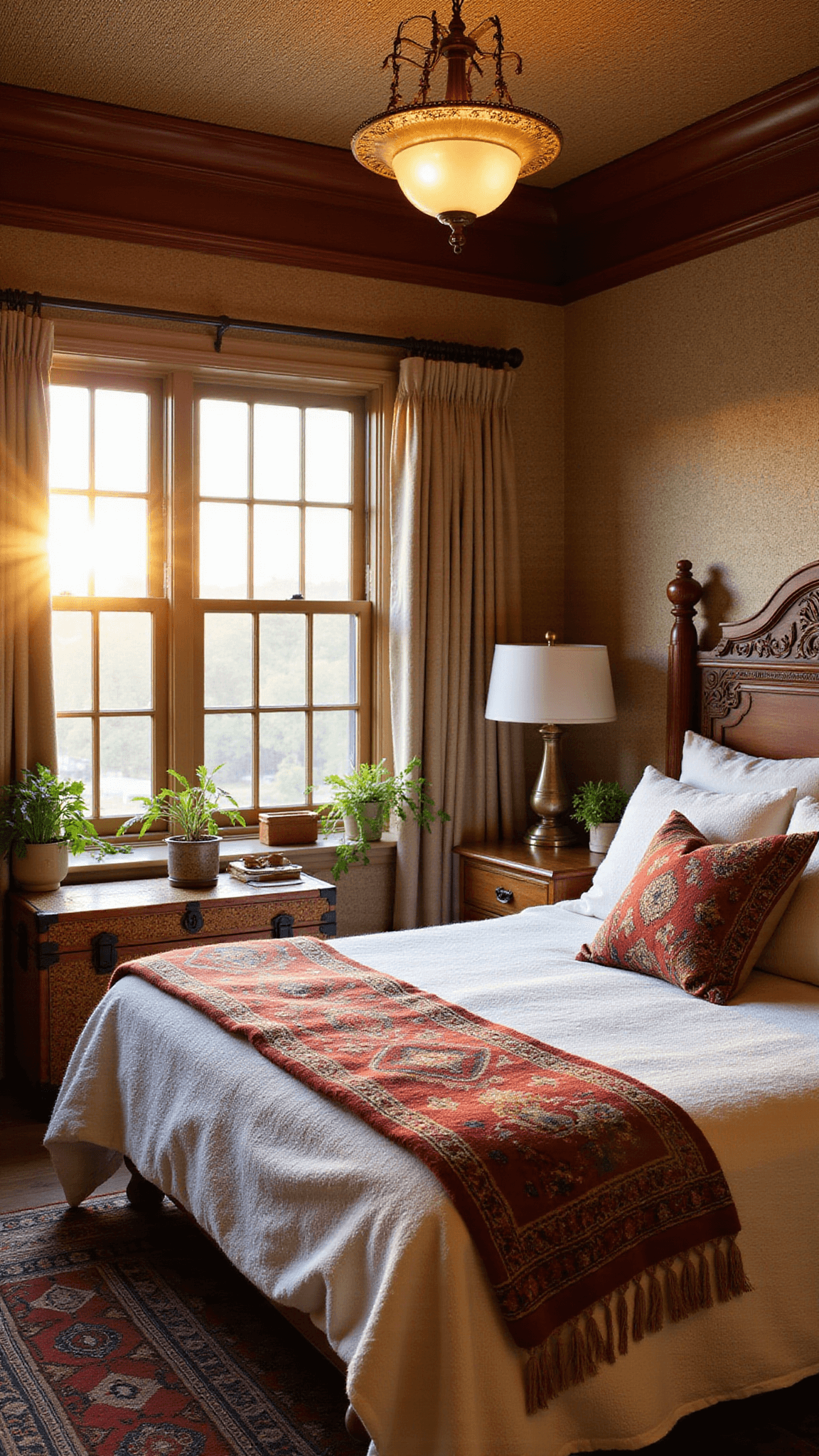 Boho bedroom with carved headboard, grasscloth wall, hanging plants, vintage trunk nightstand, and Moroccan blanket in golden hour light.