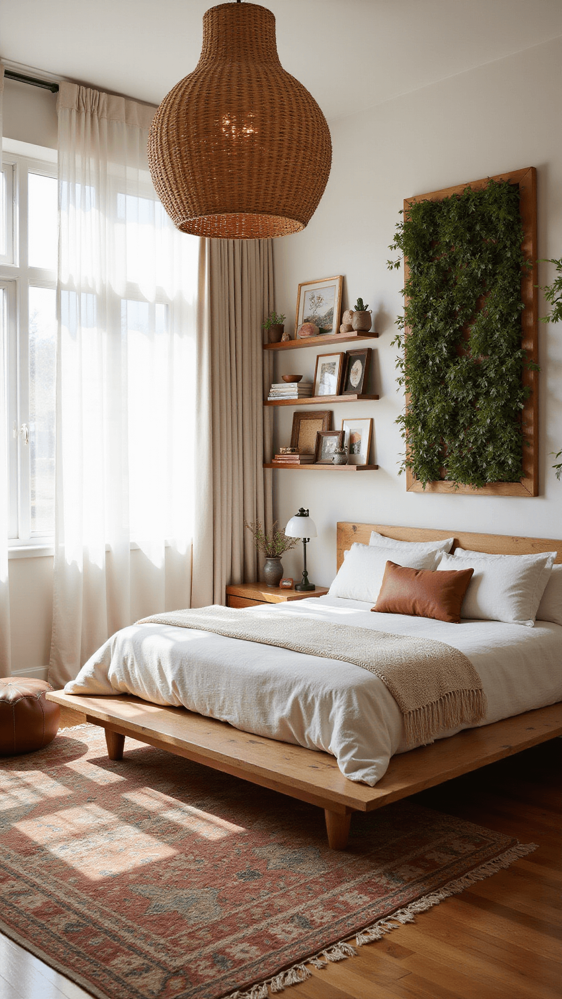 Sunlit bedroom with sheer curtains, vertical garden on tall walls, platform bed beneath large bamboo chandelier, and desert-toned vintage rugs.