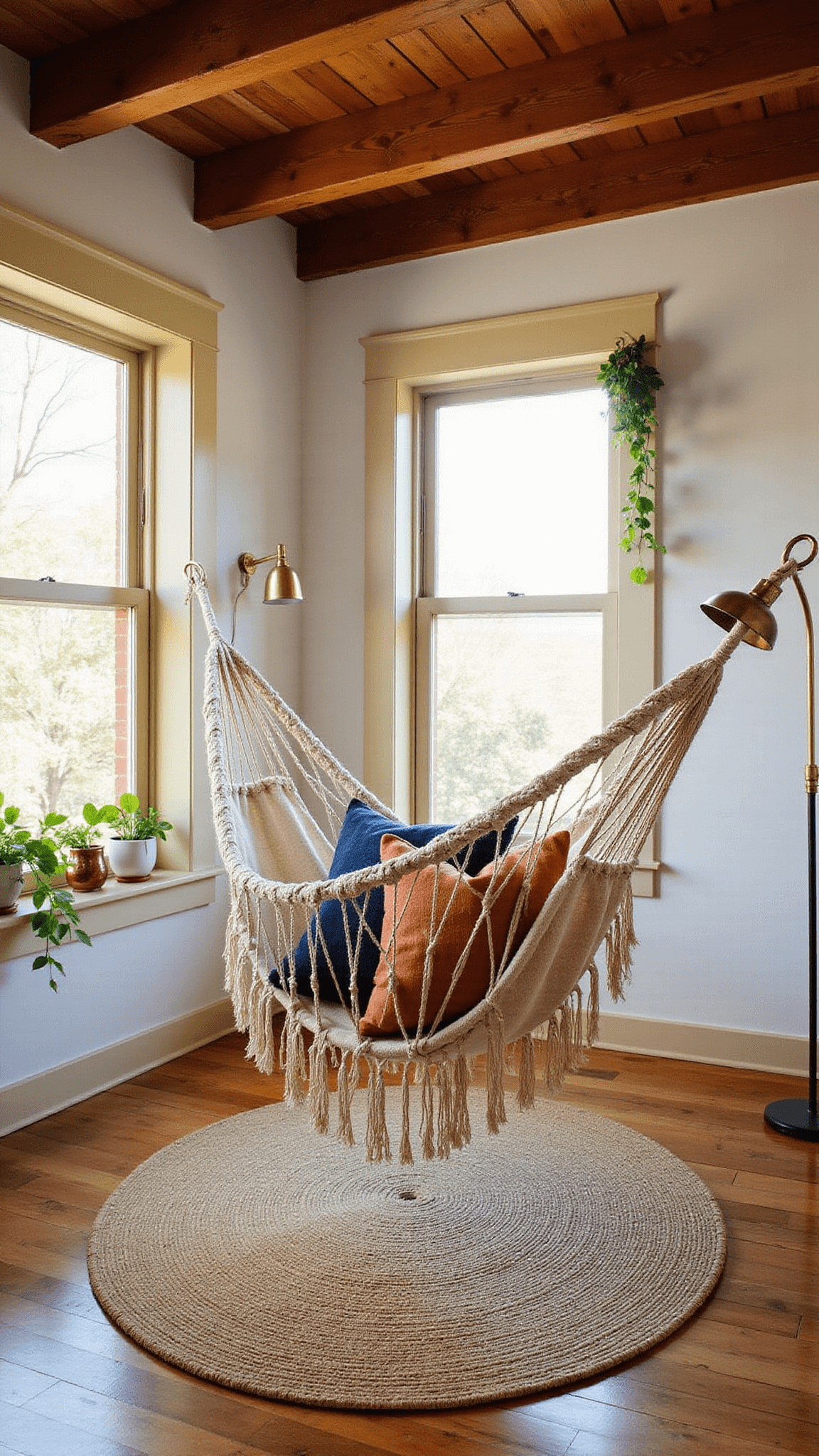 Sunlit bedroom corner with a macrame hammock, mud cloth pillows, jute rug, hardwood floors, and trailing plants by floor-to-ceiling windows.