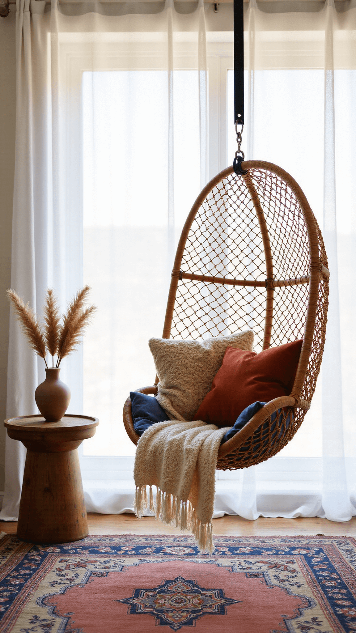 Low-angle view of a cozy 12x12ft bedroom nook with a floating rattan chair, cream knit throw, rust velvet cushions, vintage Moroccan side table, pampas grass, and layered Persian rugs in soft morning light.