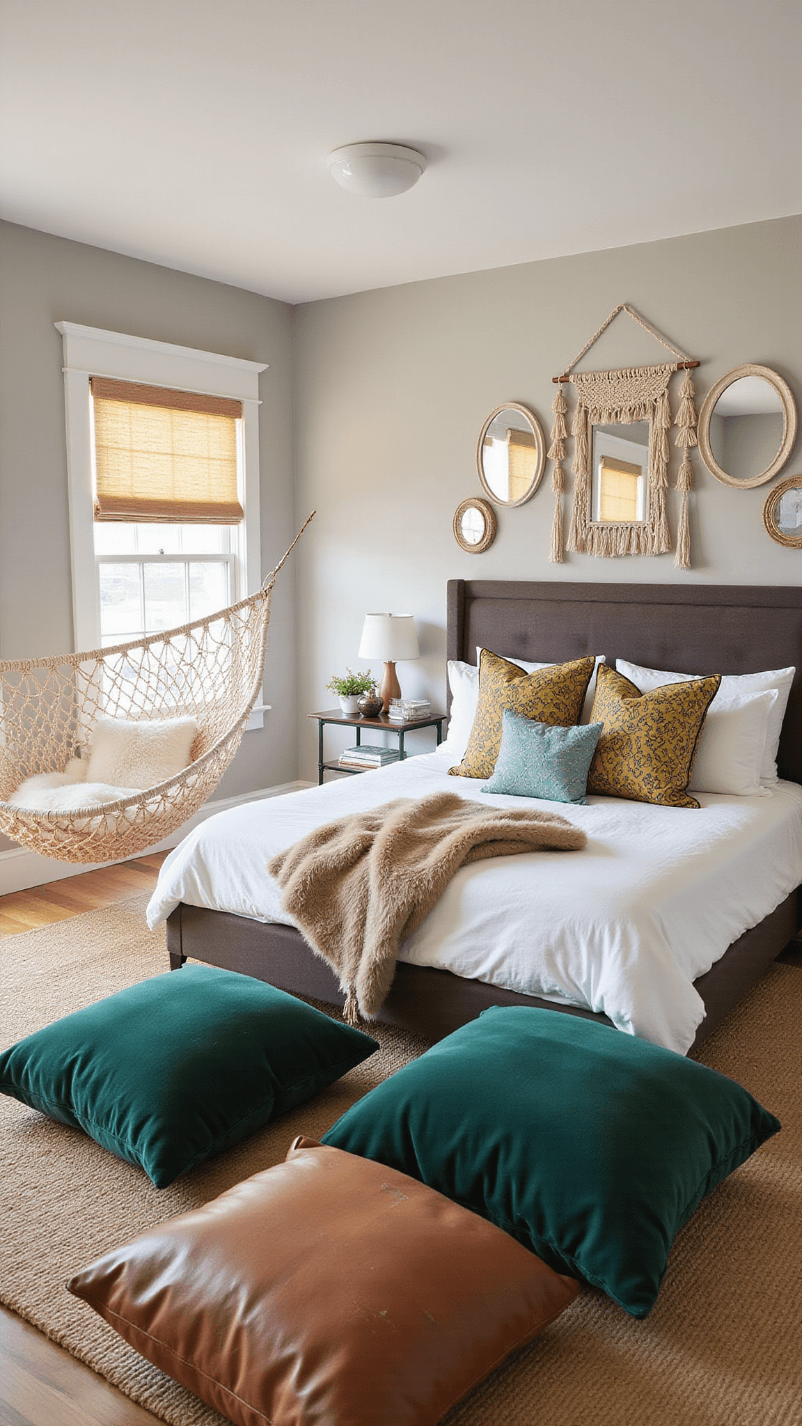 Spacious 16x18ft bedroom with 10ft ceilings, featuring a natural ecru hammock dressed in Indian textiles and sheepskin, geometric light patterns from wooden blinds, emerald velvet and leather floor cushions, vintage mirrors framed by macrame, viewed from above with dramatic side lighting.